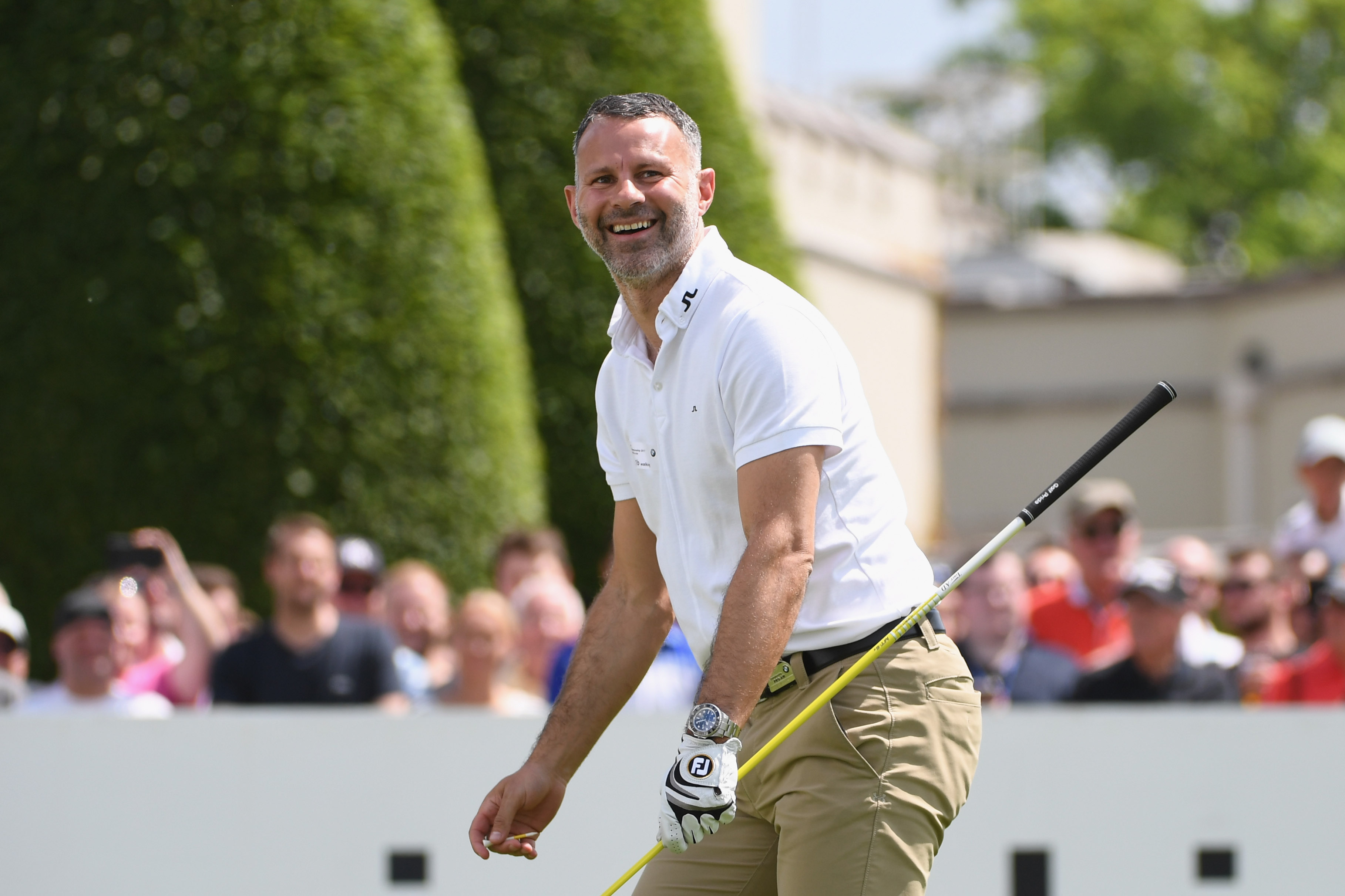 VIRGINIA WATER, ENGLAND - MAY 24:  Ryan Giggs tees off on the first hole during the BMW PGA Championship Pro-Am at Wentworth on May 24, 2017 in Virginia Water, England.  (Photo by Ross Kinnaird/Getty Images)