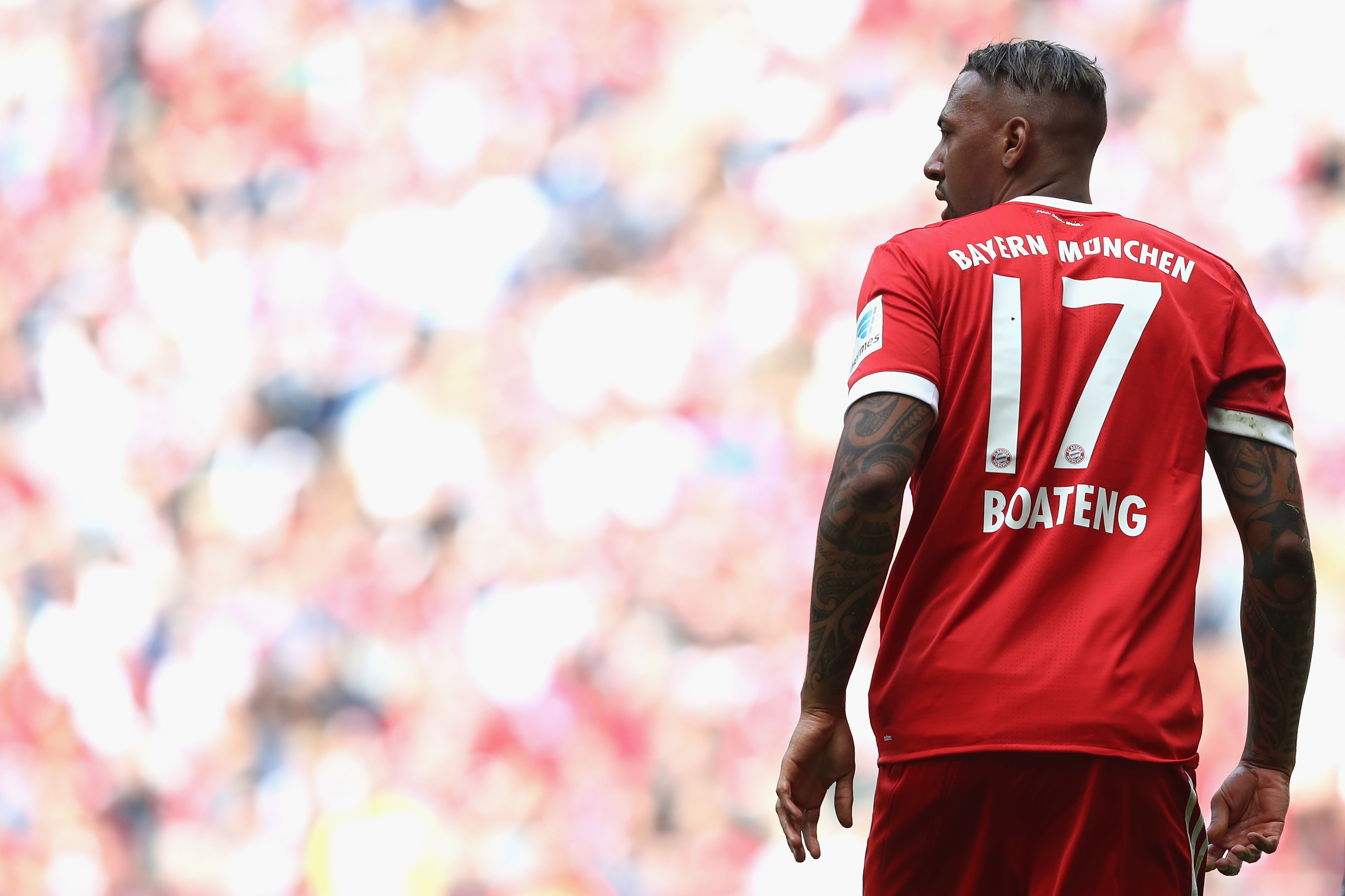 MUNICH, GERMANY - MAY 20:  Jerome Boateng  of Bayern Muenchen looks on during the Bundesliga match between Bayern Muenchen and SC Freiburg at Allianz Arena on May 20, 2017 in Munich, Germany.  (Photo by Alexander Hassenstein/Bongarts/Getty Images)