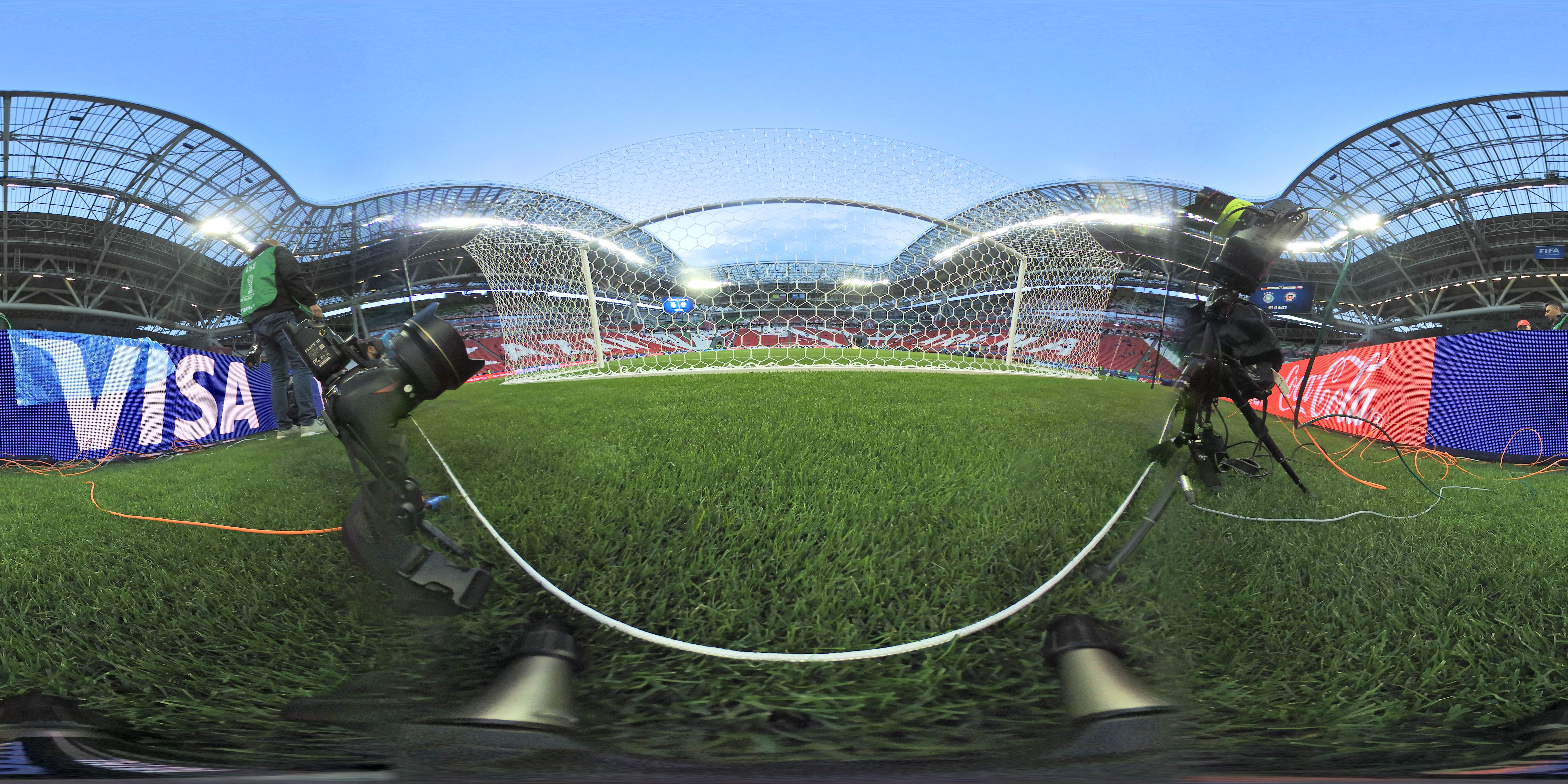 This 360 (equirectangular panorama) image shows the Kazan Arena Stadium in Kazan ahead of the 2017 FIFA Confederations Cup group B football match between Germany and Chile on June 22, 2017. / AFP PHOTO / FRANCK FIFE        (Photo credit should read FRANCK FIFE/AFP/Getty Images)