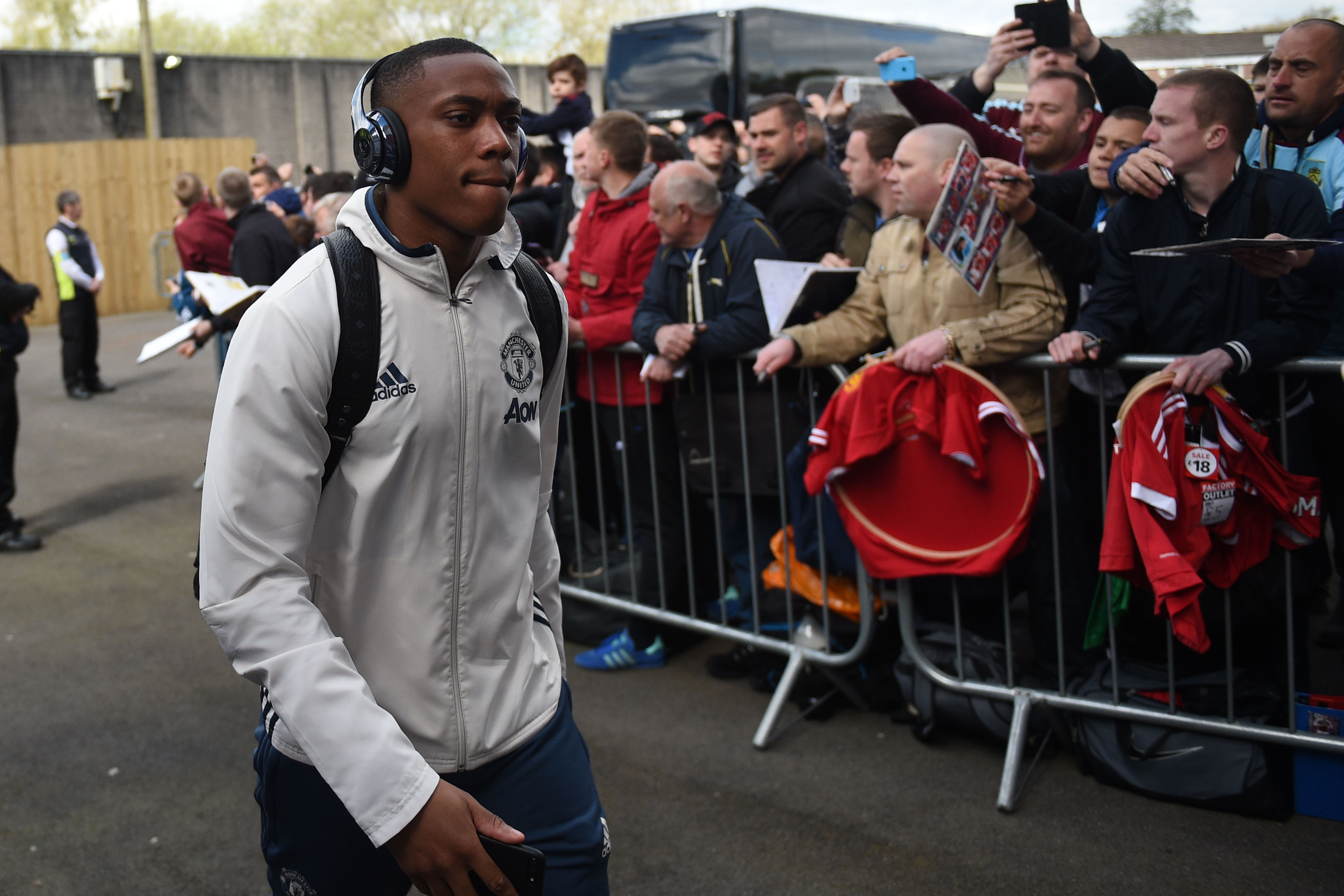 Manchester United's French striker Anthony Martial arrives for the English Premier League football match between Burnley and Manchester United at Turf Moor in Burnley, north west England on April 23, 2017. / AFP PHOTO / Oli SCARFF / RESTRICTED TO EDITORIAL USE. No use with unauthorized audio, video, data, fixture lists, club/league logos or 'live' services. Online in-match use limited to 75 images, no video emulation. No use in betting, games or single club/league/player publications.  /         (Photo credit should read OLI SCARFF/AFP/Getty Images)