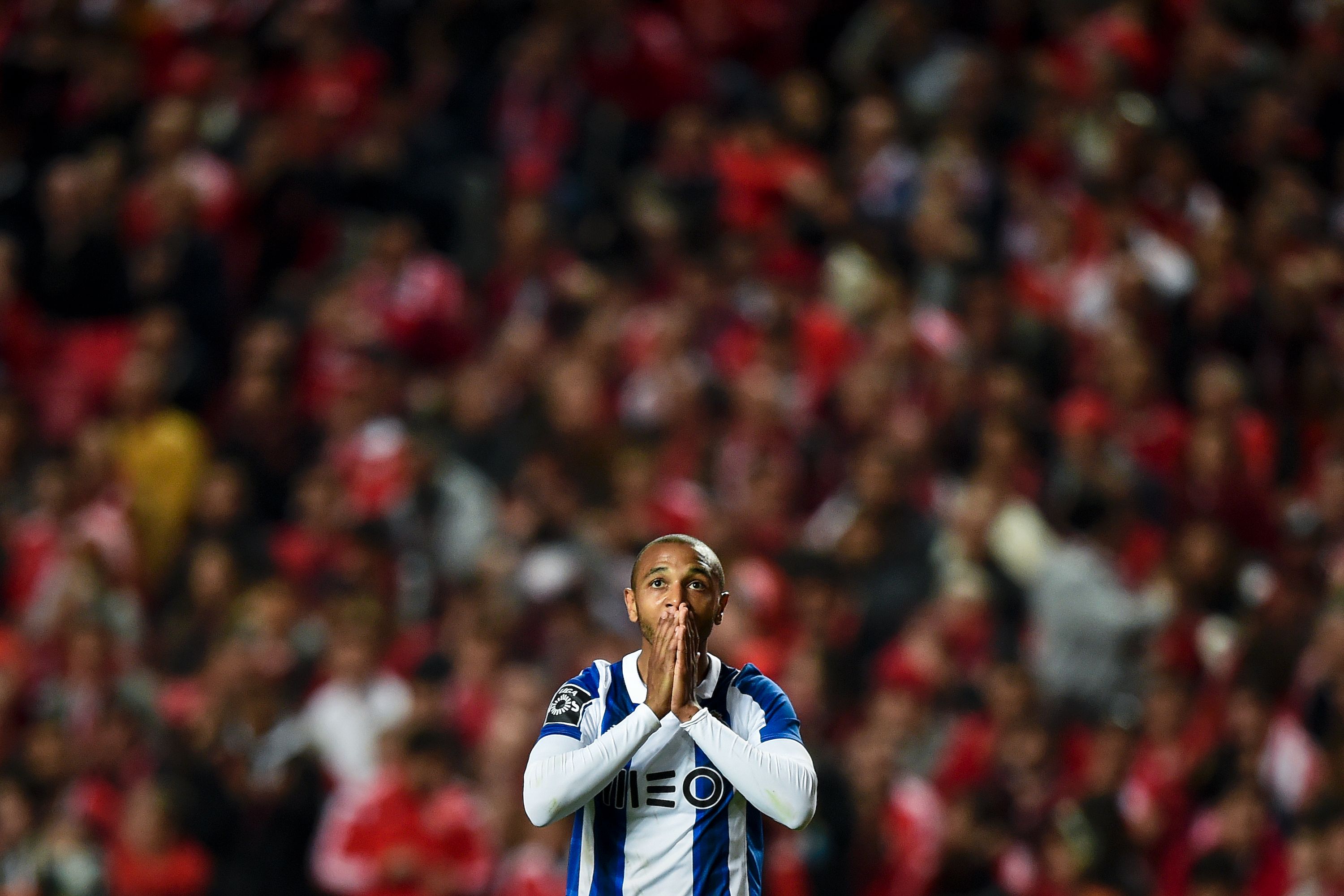 Porto's French forward Yacine Brahimi gestures after missing a goal opportunity during the Portuguese league football match SL Benfica vs FC Porto at the Luz stadium in Lisbon on April 1, 2017. / AFP PHOTO / PATRICIA DE MELO MOREIRA        (Photo credit should read PATRICIA DE MELO MOREIRA/AFP/Getty Images)