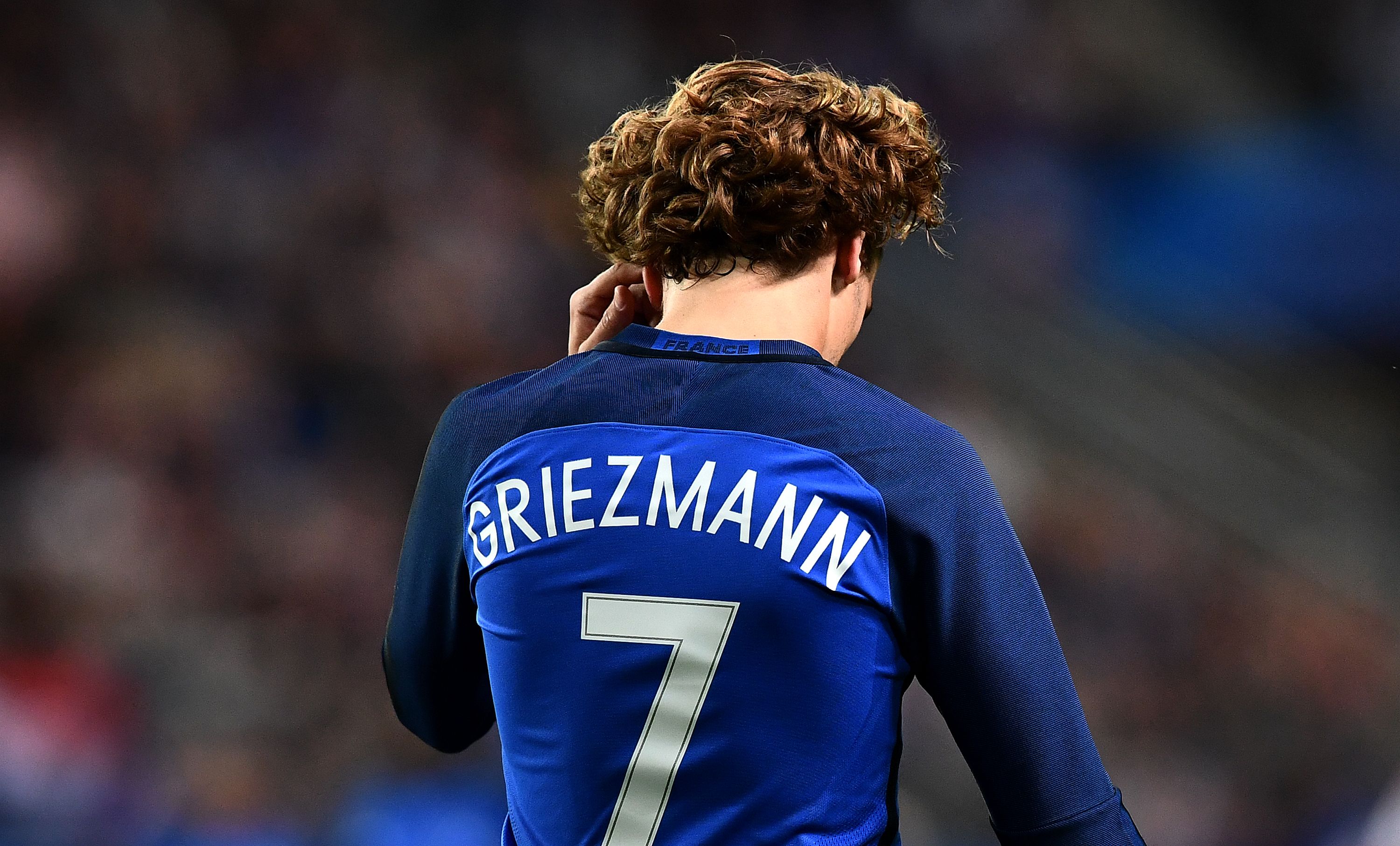 France's forward Antoine Griezmann reacts during the friendly football match France vs Paraguay on June 2, 2017 at the Roazhon Park stadium in Rennes.
France won 5-0.  / AFP PHOTO / FRANCK FIFE        (Photo credit should read FRANCK FIFE/AFP/Getty Images)