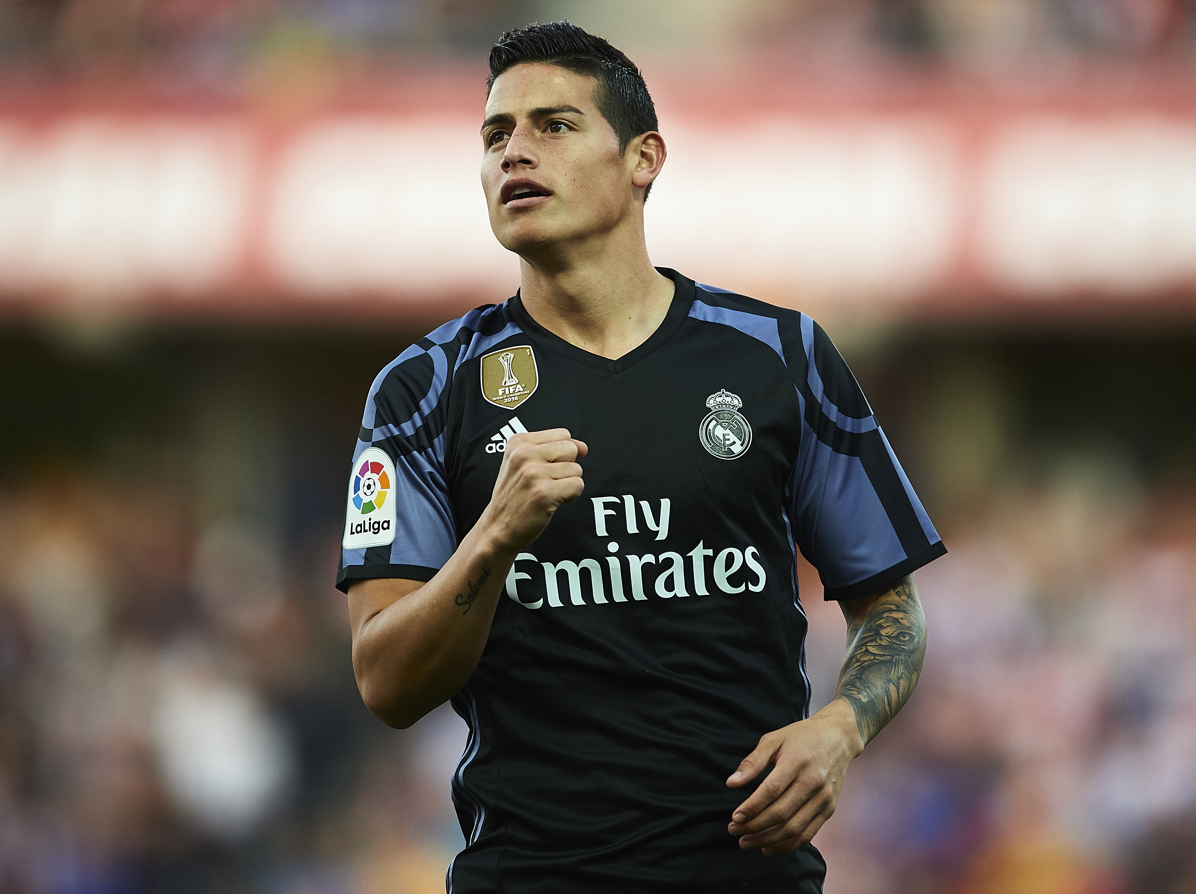 GRANADA, SPAIN - MAY 06:  James Rodriguez of Real Madrid CF celebrates after scoring the first goal during the La Liga match between Granada CF v Real Madrid CF at Estadio Nuevo Los Carmenes on May 6, 2017 in Granada, Spain.  (Photo by Aitor Alcalde/Getty Images)