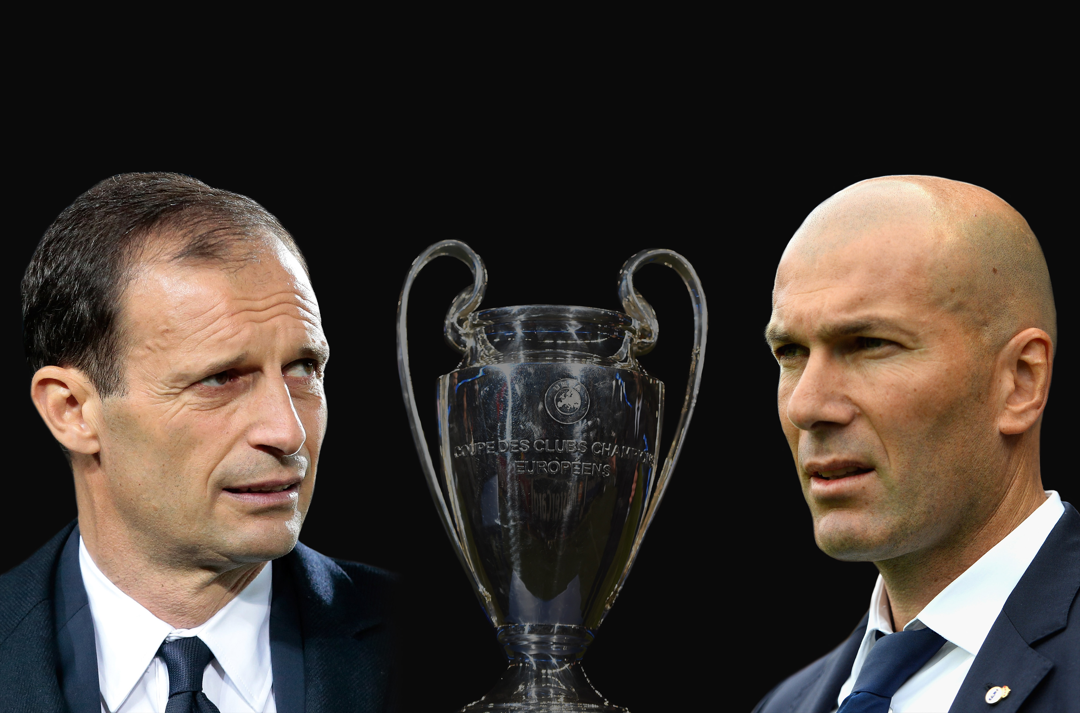 FILE PHOTO (EDITORS NOTE: GRADIENT ADDED) - Image numbers 464313758,674881574,686430224 ) In this composite image a comparision has been made between Juventus FC head coach Massimiliano Allegri and Zinedine Zidane, Head Coach of Real Madrid.  Juventus and Real Madrid meet in the UEFA Champions League Final at the National Stadium of Wales on June 3, 2017 in Cardiff,Wales.   ***LEFT IMAGE*** BERGAMO, ITALY - APRIL 28: Juventus FC coach Massimiliano Allegri looks on before the Serie A match between Atalanta BC and Juventus FC at Stadio Atleti Azzurri d'Italia on April 28, 2017 in Bergamo, Italy. (Photo by Emilio Andreoli/Getty Images) ***RIGHT IMAGE*** MALAGA, SPAIN - MAY 21: Zinedine Zidane, Manager of Real Madrid looks on during the La Liga match between Malaga and Real Madrid at La Rosaleda Stadium on May 21, 2017 in Malaga, Spain. (Photo by Aitor Alcalde/Getty Images)