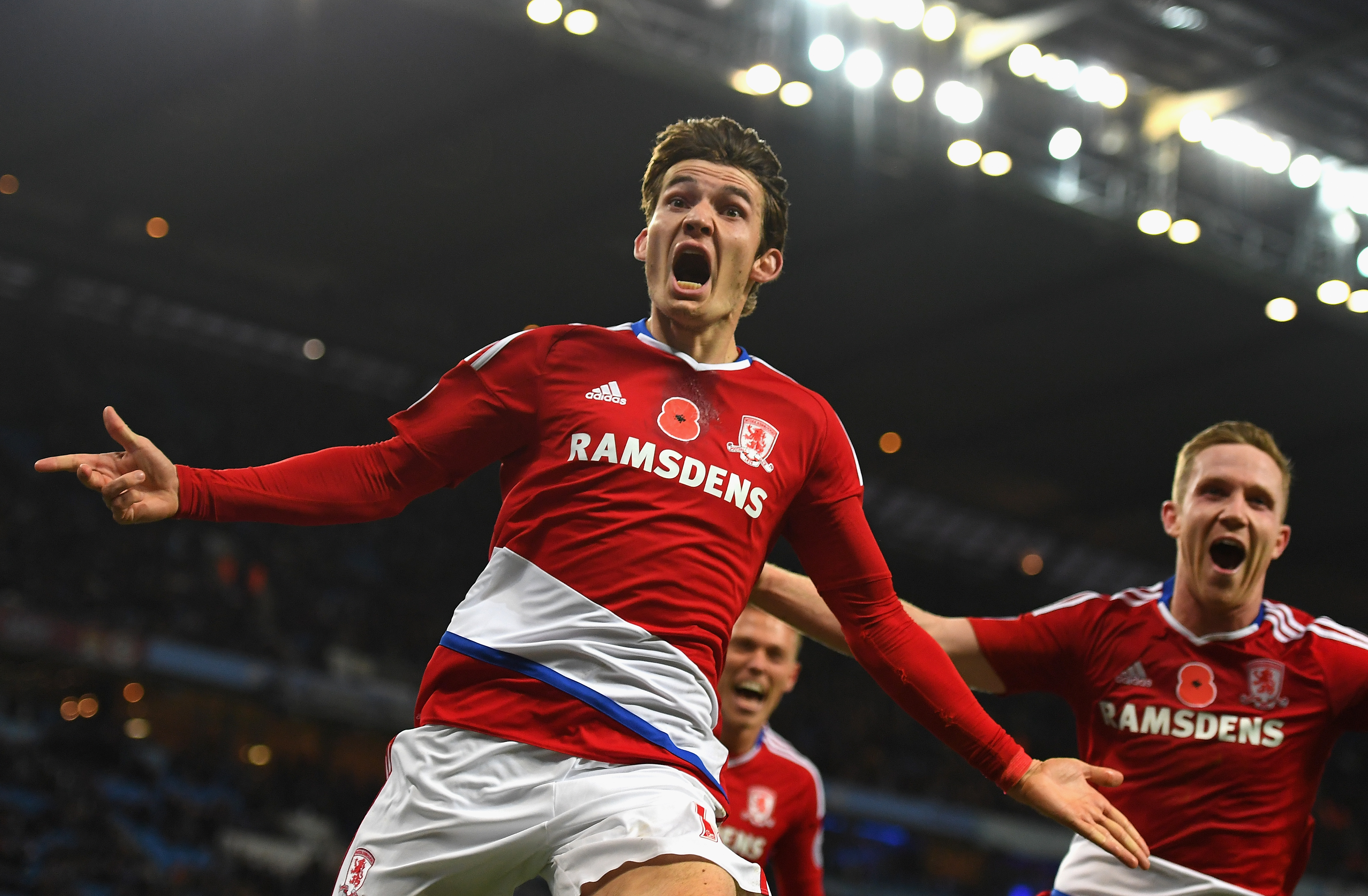 MANCHESTER, ENGLAND - NOVEMBER 05: Marten de Roon of Middlesbrough celebrates scoring his sides first goal during the Premier League match between Manchester City and Middlesbrough at Etihad Stadium on November 5, 2016 in Manchester, England.  (Photo by Laurence Griffiths/Getty Images)