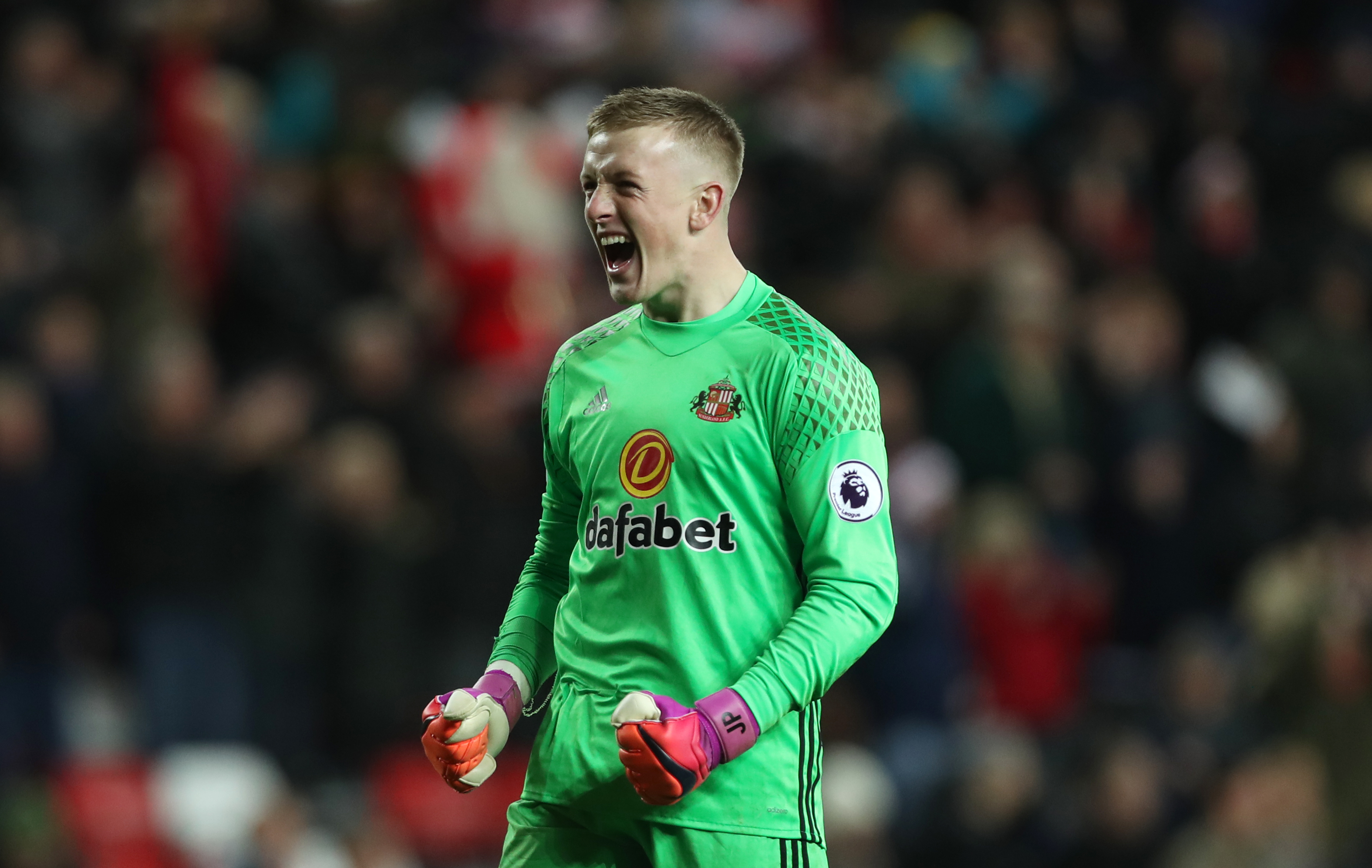 SUNDERLAND, ENGLAND - DECEMBER 17: Jordan Pickford of Sunderland reacts at the final whistle during the Premier League match between Sunderland and Watford at Stadium of Light on December 17, 2016 in Sunderland, England. (Photo by Ian MacNicol/Getty Images)