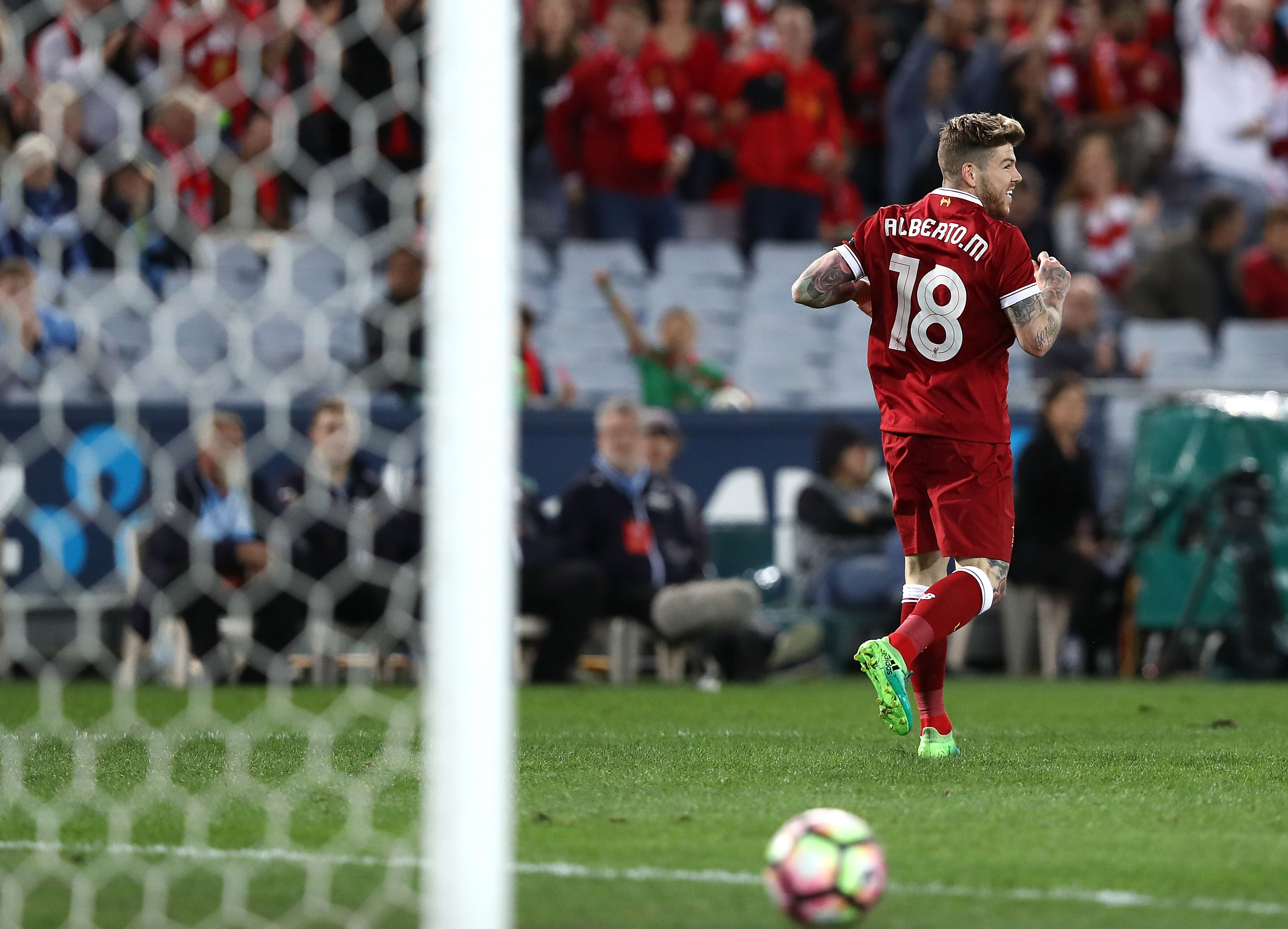 SYDNEY, AUSTRALIA - MAY 24:  Alberto Moreno of Liverpool celebrates after scoring his teams second goal during the International Friendly match between Sydney FC and Liverpool FC at ANZ Stadium on May 24, 2017 in Sydney, Australia.  (Photo by Ryan Pierse/Getty Images)