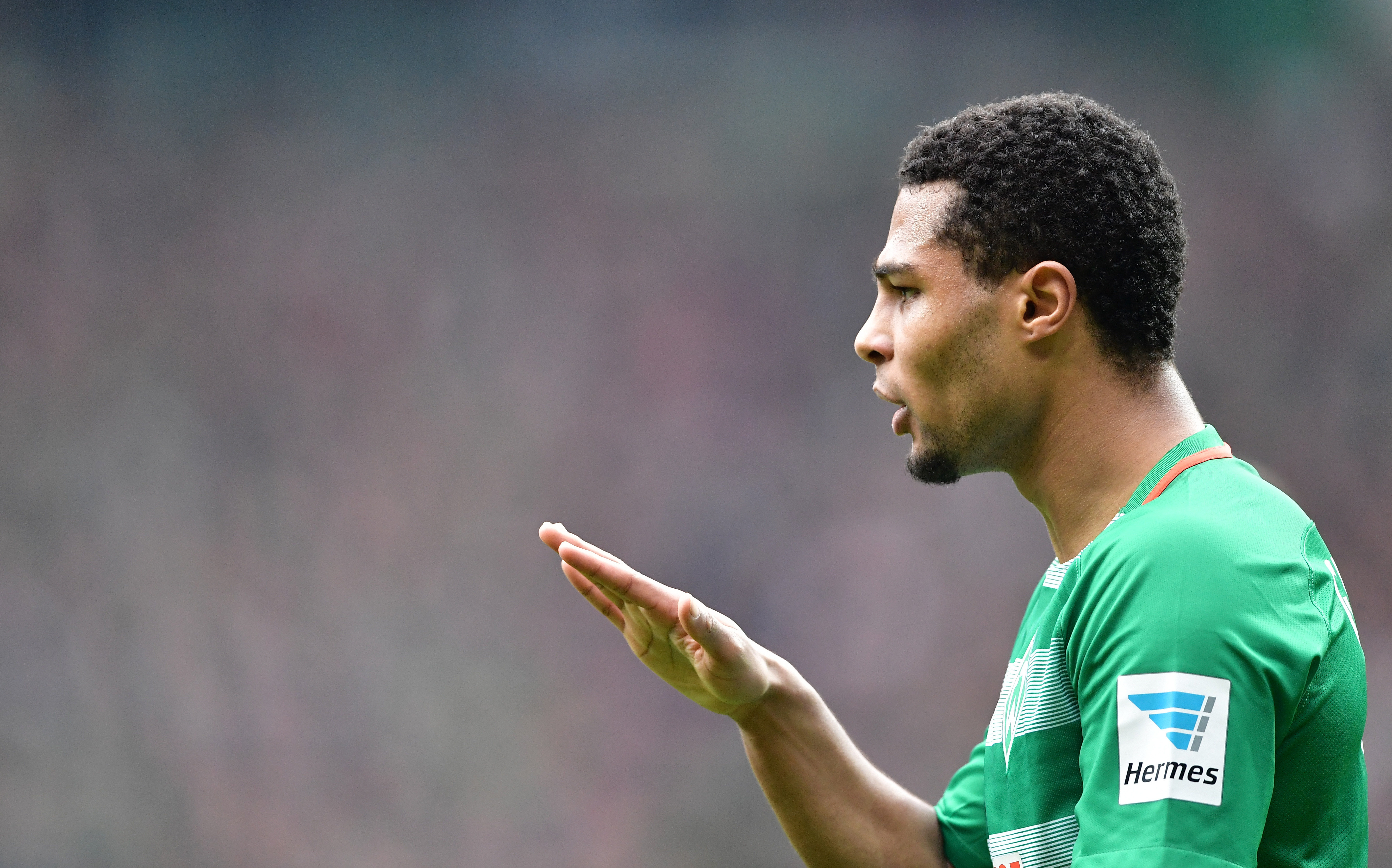 BREMEN, GERMANY - MARCH 04:  Serge Gnabry of Bremen gestures during the Bundesliga match between Werder Bremen and SV Darmstadt 98 at Weserstadion on March 4, 2017 in Bremen, Germany.  (Photo by Stuart Franklin/Bongarts/Getty Images)