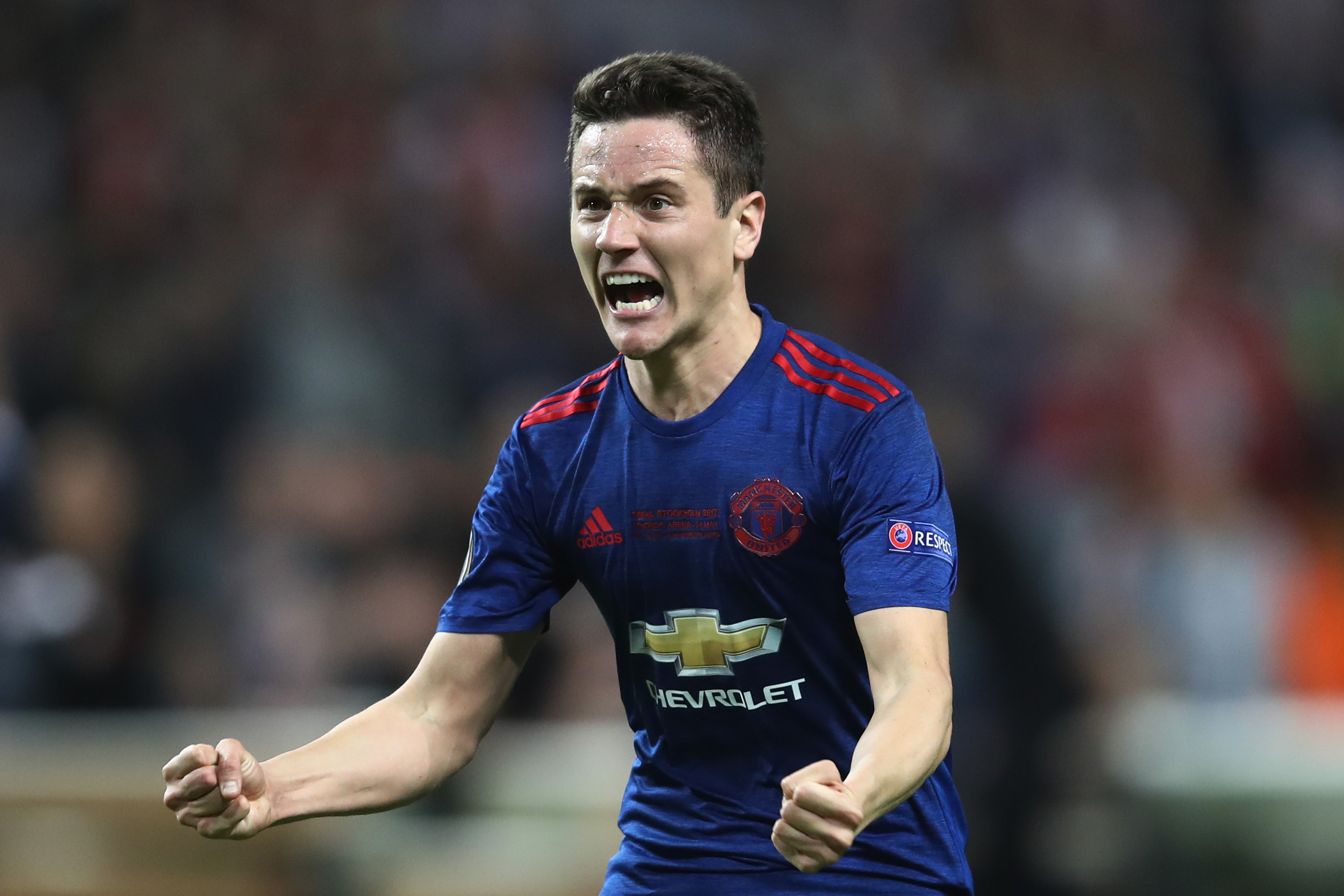 STOCKHOLM, SWEDEN - MAY 24:  Ander Herrera of Manchester United celebrates victory following the UEFA Europa League Final between Ajax and Manchester United at Friends Arena on May 24, 2017 in Stockholm, Sweden.  (Photo by Julian Finney/Getty Images)