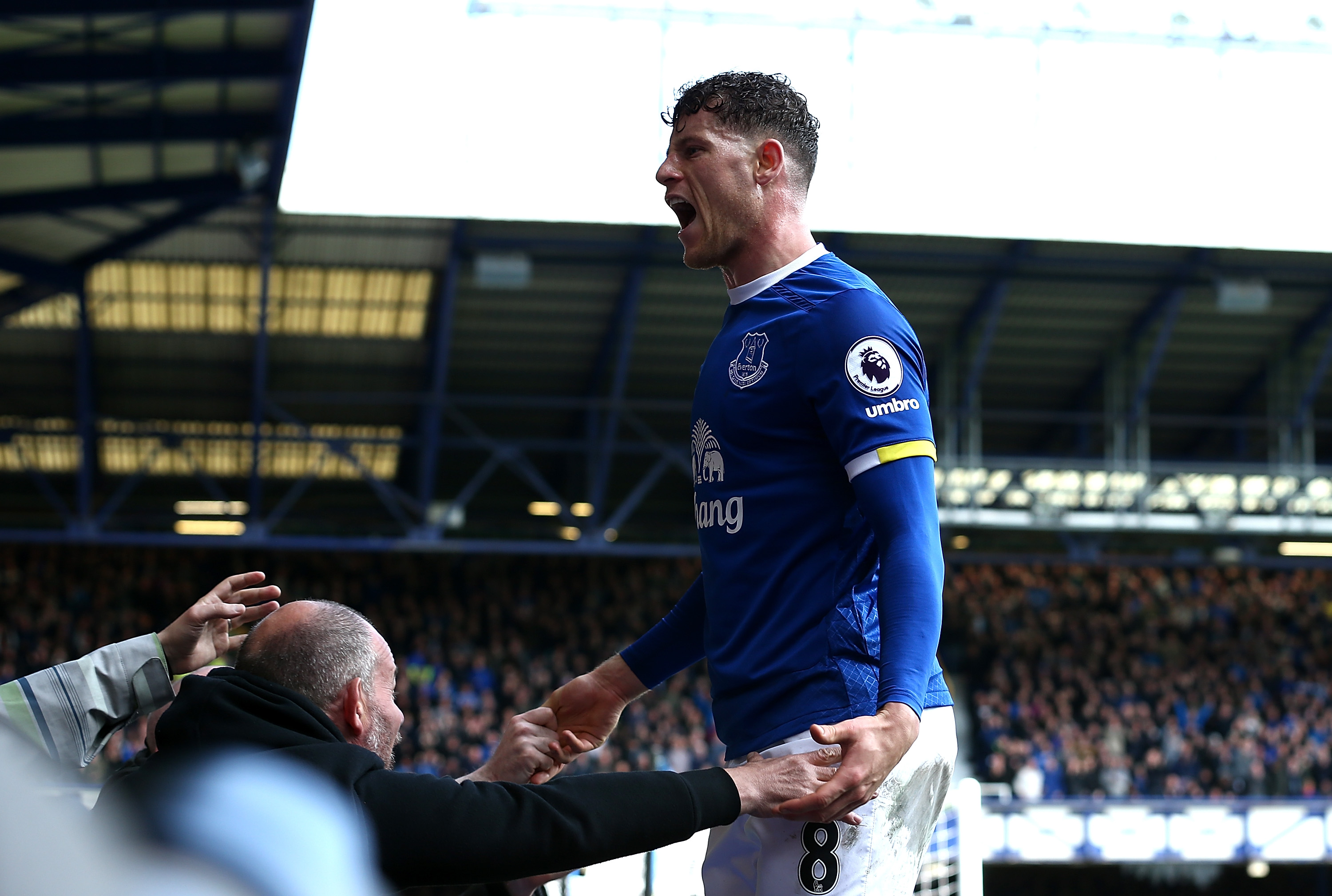 LIVERPOOL, ENGLAND - APRIL 15:  Ross Barkley of Everton celebrates as Ben Mee of Burnley (not pictured) scored a own goal for Everton's second during the Premier League match between Everton and Burnley at Goodison Park on April 15, 2017 in Liverpool, England.  (Photo by Jan Kruger/Getty Images)