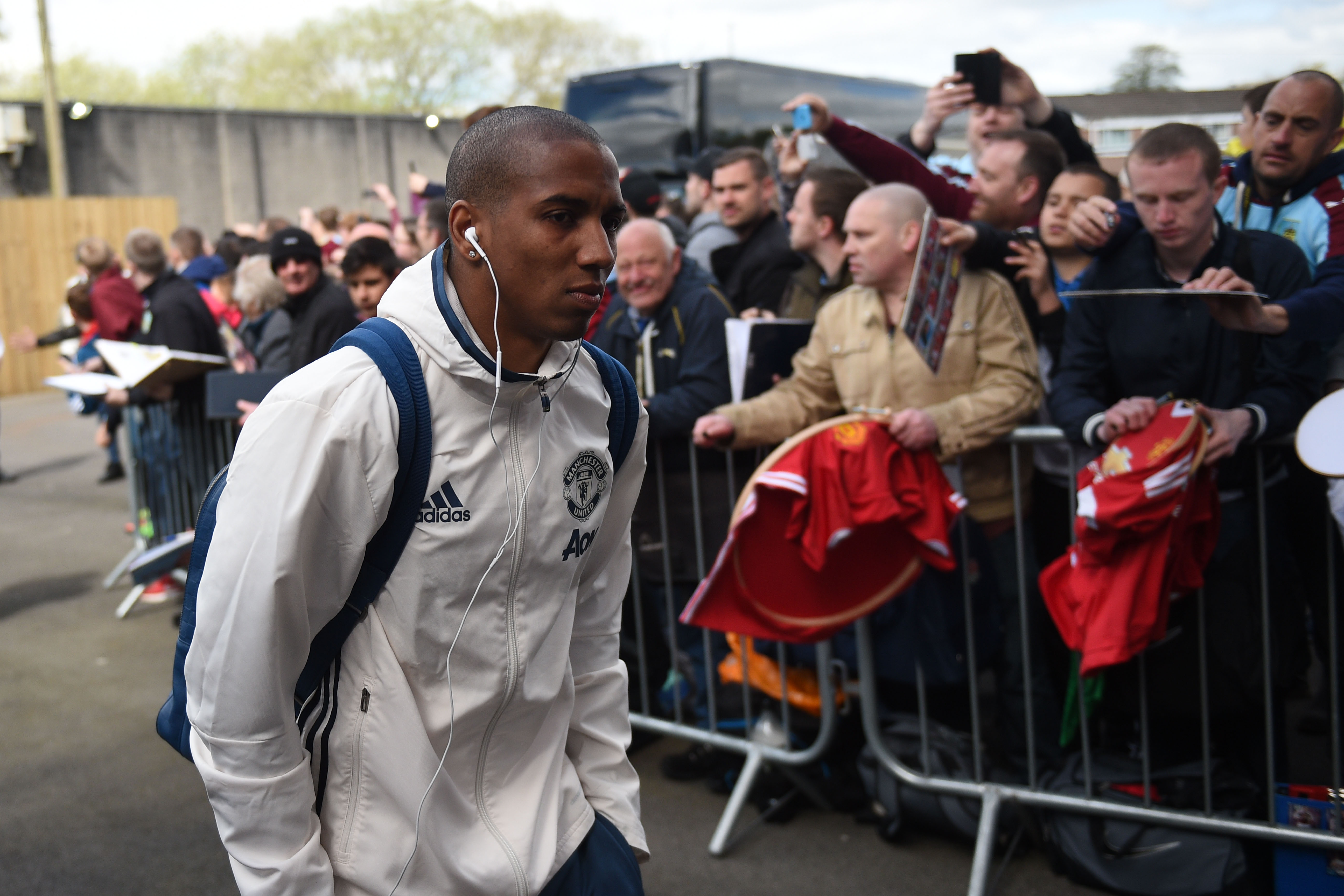 Manchester United's English midfielder Ashley Young arrives for the English Premier League football match between Burnley and Manchester United at Turf Moor in Burnley, north west England on April 23, 2017. / AFP PHOTO / Oli SCARFF / RESTRICTED TO EDITORIAL USE. No use with unauthorized audio, video, data, fixture lists, club/league logos or 'live' services. Online in-match use limited to 75 images, no video emulation. No use in betting, games or single club/league/player publications.  /         (Photo credit should read OLI SCARFF/AFP/Getty Images)