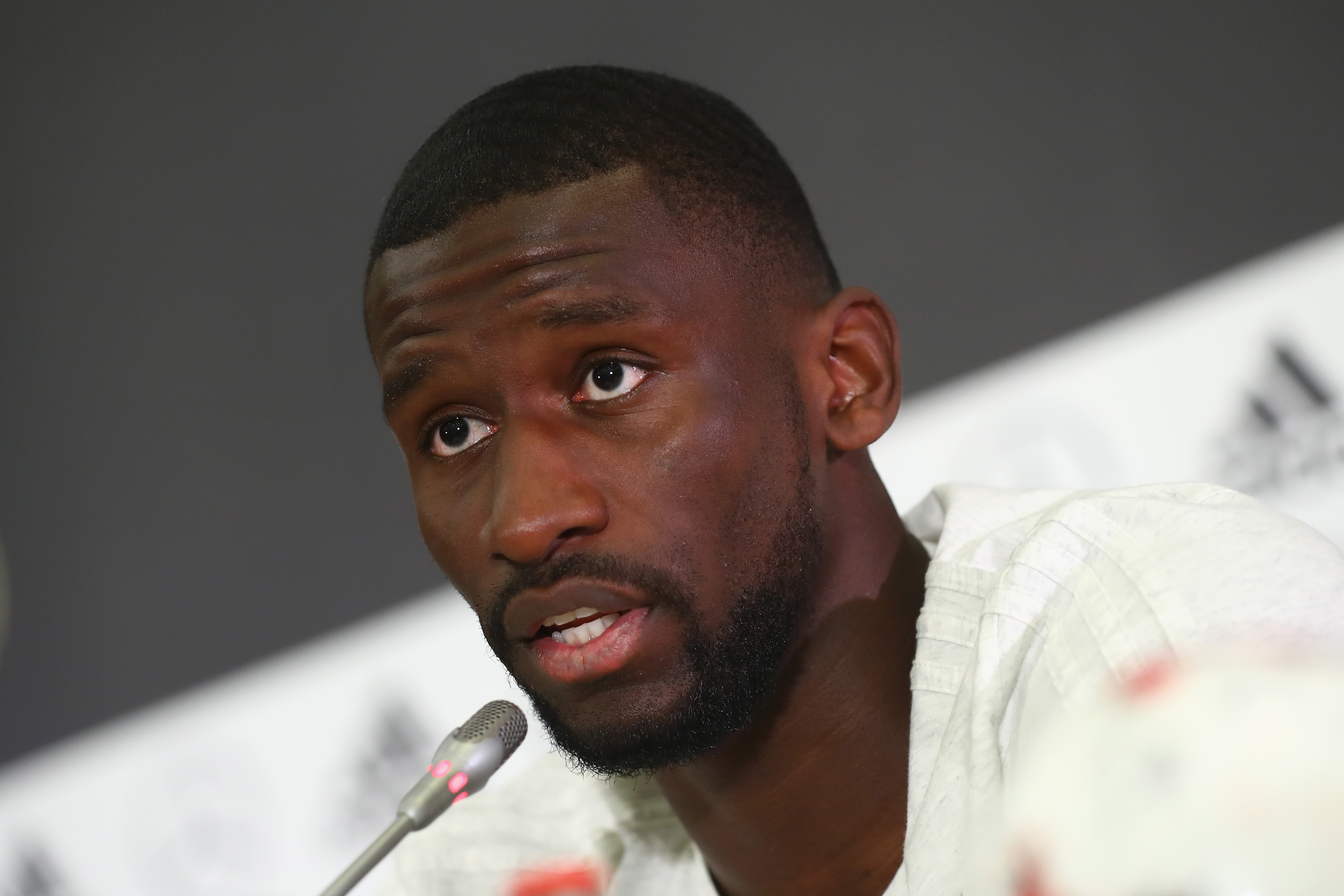 SOCHI, RUSSIA - JUNE 17:  Antonio Ruediger of Germany talks to the media during a Press Conference of the German national team at Radisson Blu Paradise Resort & Spa on June 17, 2017 in Sochi, Russia.  (Photo by Alexander Hassenstein/Bongarts/Getty Images)