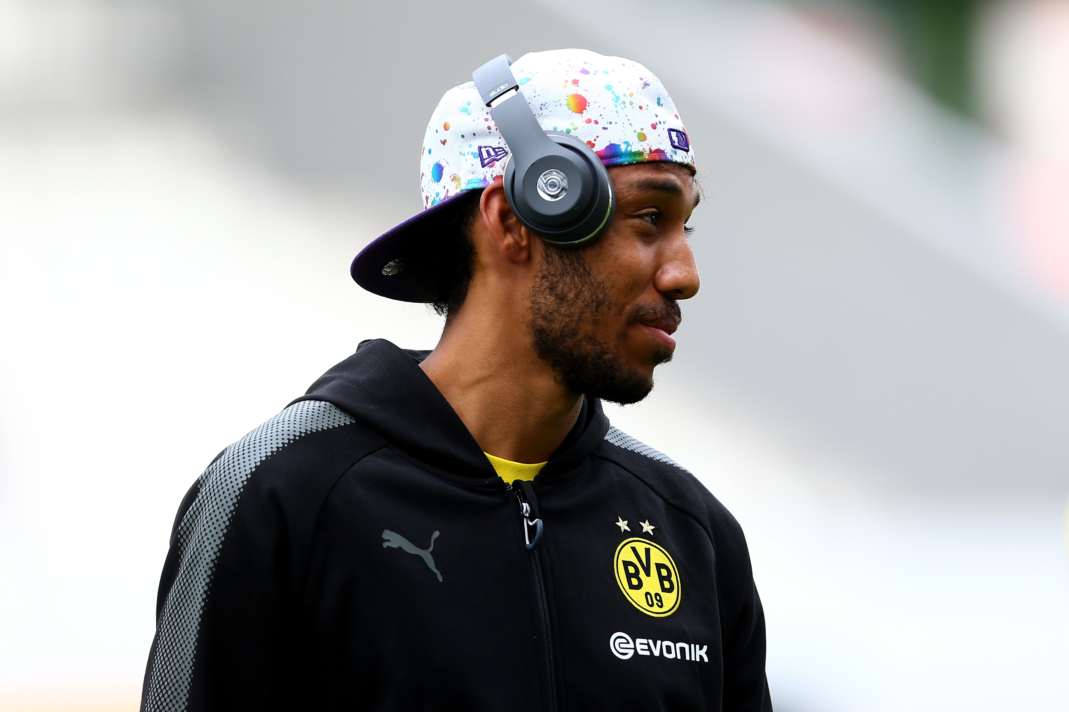 ESSEN, GERMANY - JULY 11:  Pierre-Emerick Aubameyang of Dortmund looks on prior to the preseason friendly match between Rot-Weiss Essen and Borussia Dortmund at Stadion Essen on July 11, 2017 in Essen, Germany.  (Photo by Christof Koepsel/Bongarts/Getty Images)
