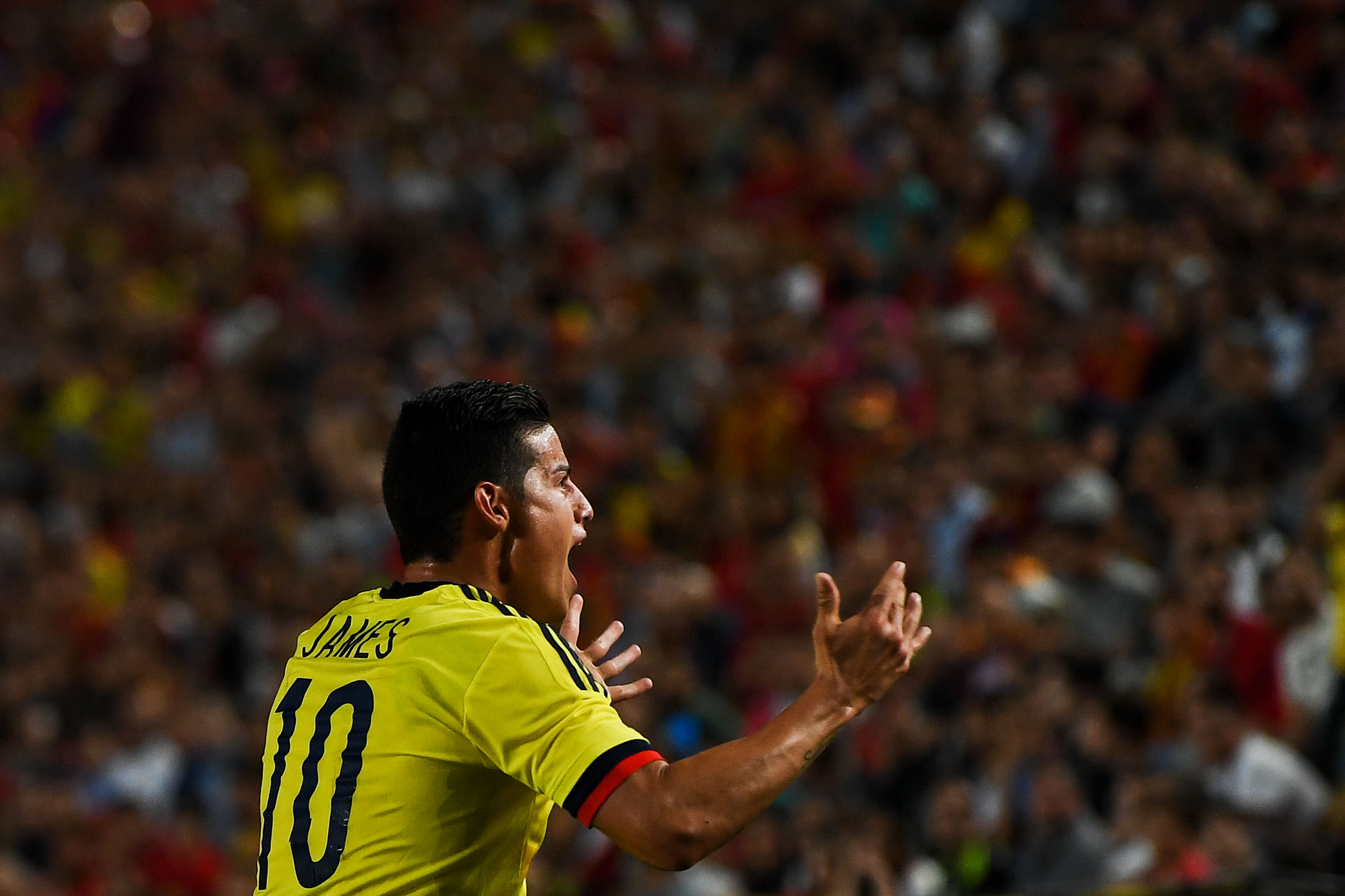 MURCIA, SPAIN - JUNE 07:  James Rodriguez reacts during a friendly match between Spain and Colombia at La Nueva Condomina stadium on June 7, 2017 in Murcia, Spain.  (Photo by David Ramos/Getty Images)