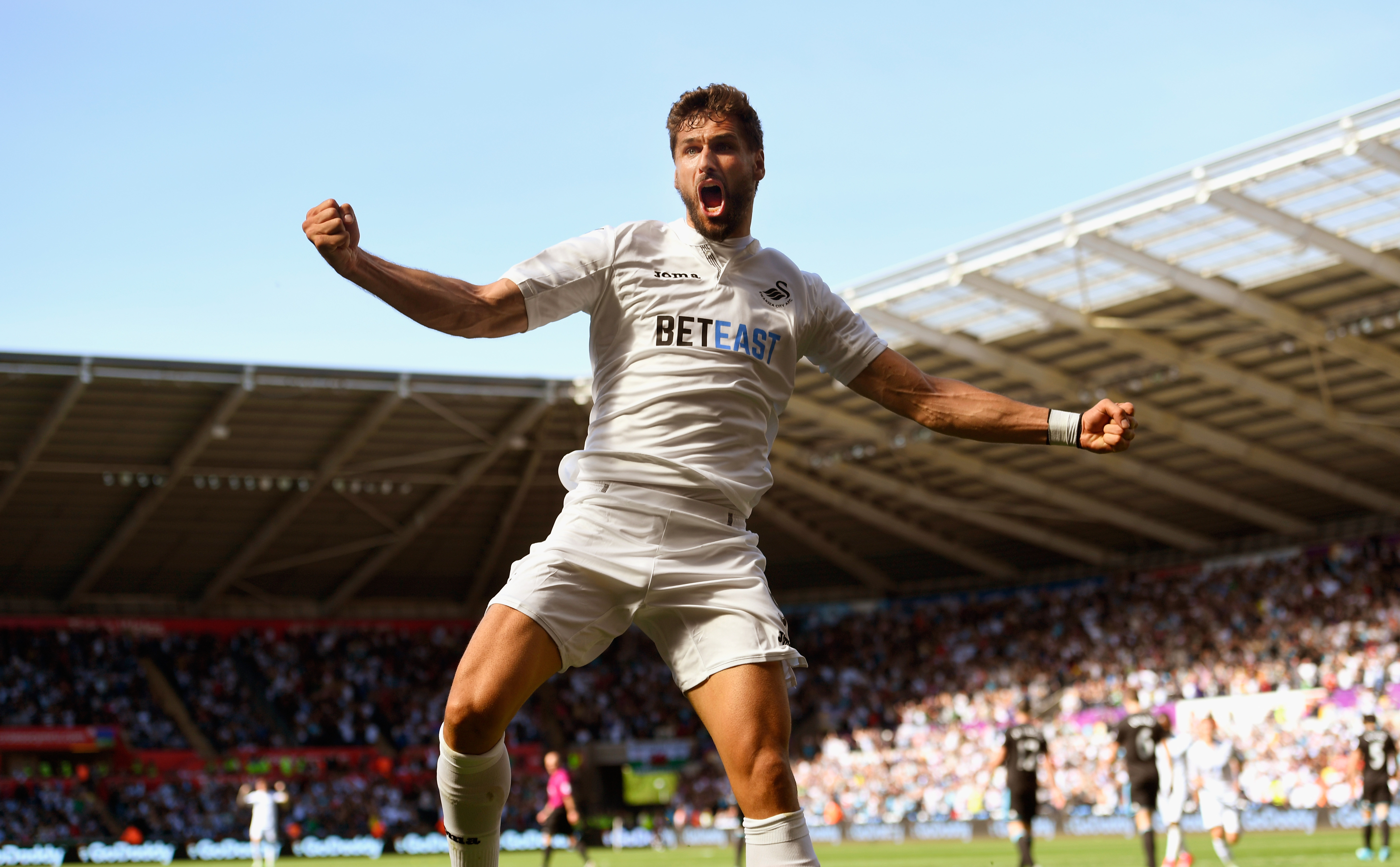 SWANSEA, WALES - MAY 21:  Swansea player Fernando Llorente celebrates his and the winning goal during the Premier League match between Swansea City and West Bromwich Albion at Liberty Stadium on May 21, 2017 in Swansea, Wales.  (Photo by Stu Forster/Getty Images)