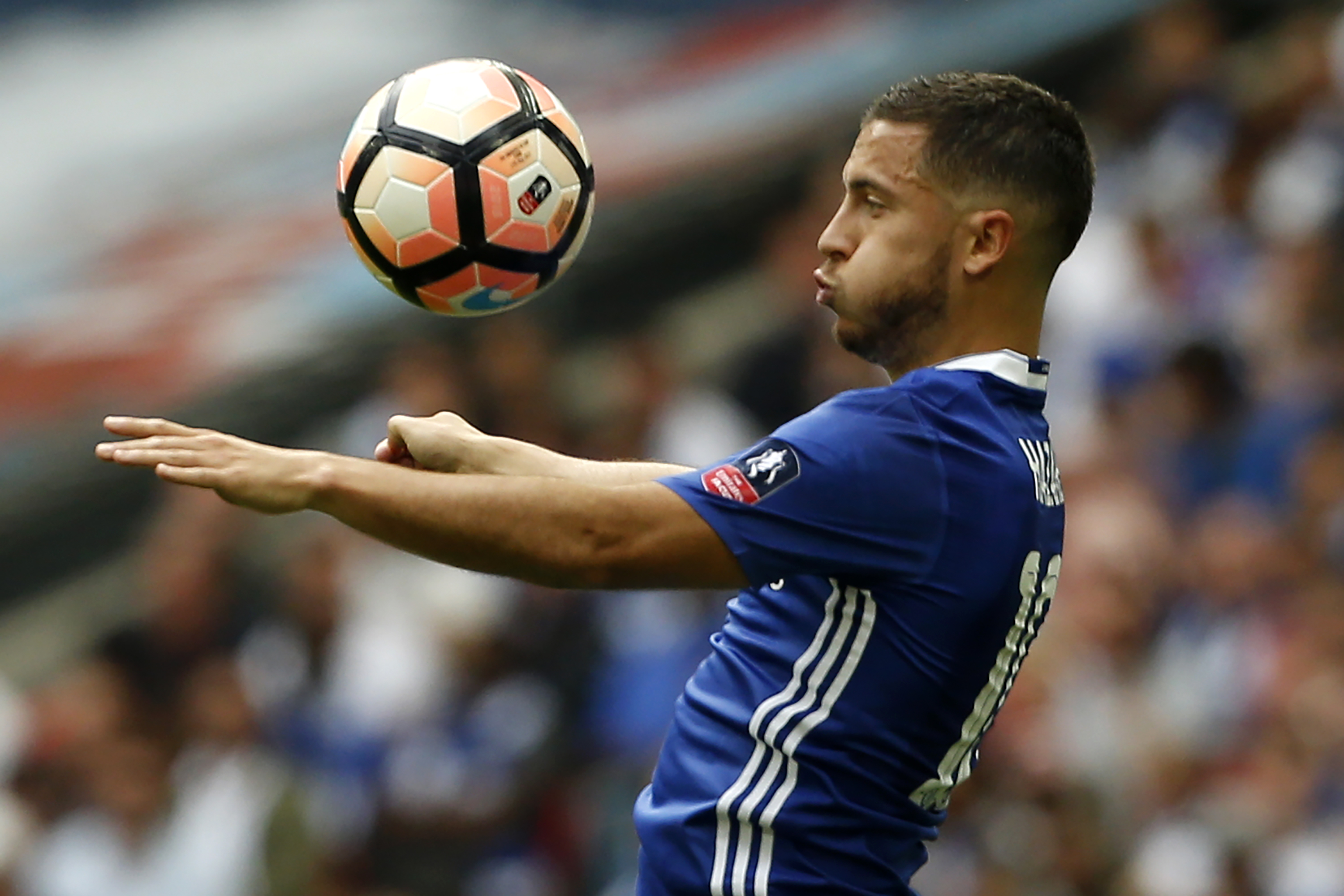 Chelsea's Belgian midfielder Eden Hazard controls the ball during the English FA Cup final football match between Arsenal and Chelsea at Wembley stadium in London on May 27, 2017. / AFP PHOTO / Ian KINGTON / NOT FOR MARKETING OR ADVERTISING USE / RESTRICTED TO EDITORIAL USE        (Photo credit should read IAN KINGTON/AFP/Getty Images)