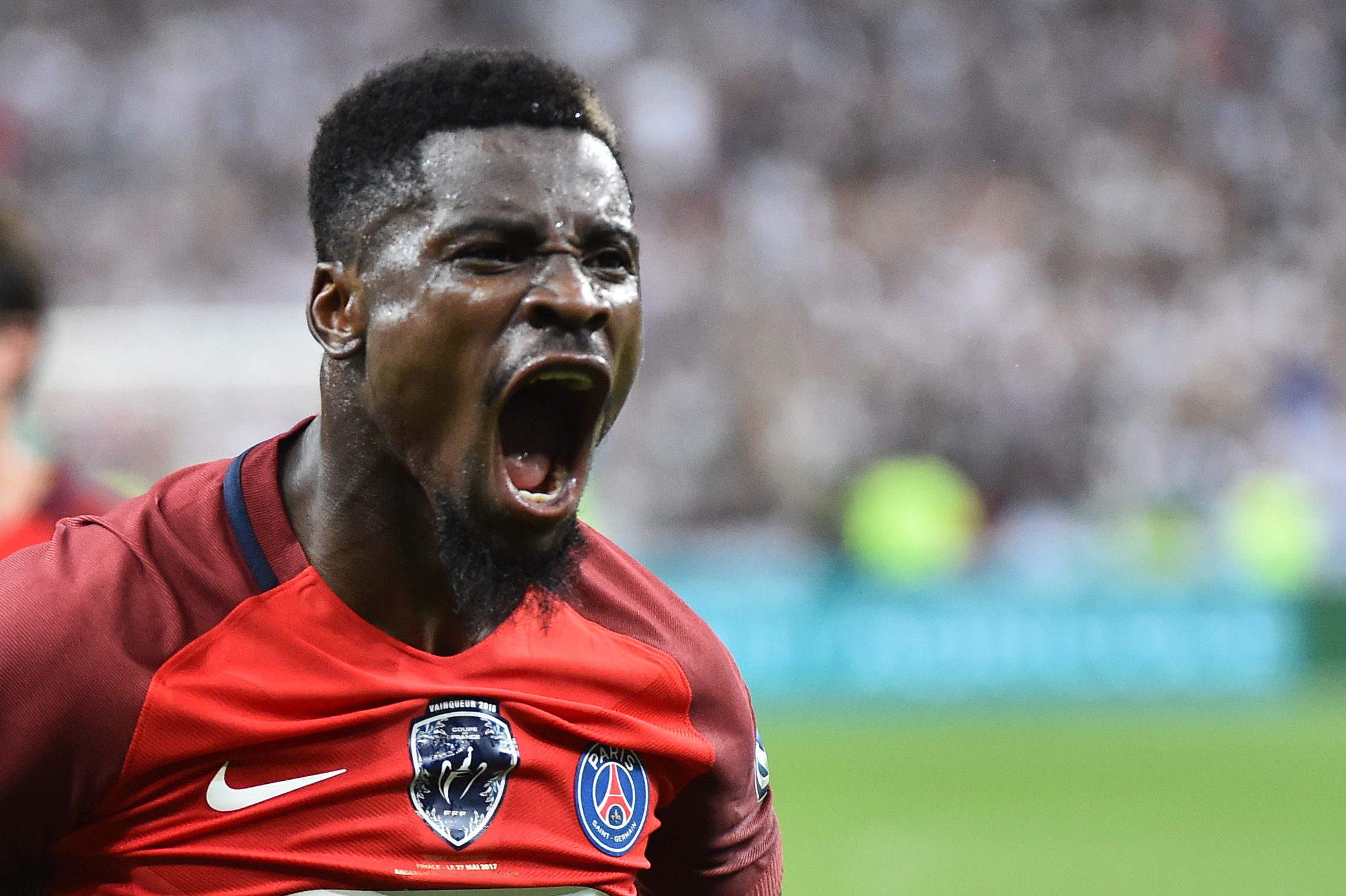 Paris Saint-Germain's Ivorian defender Serge Aurier reacts after a goal  during the French Cup final football match between Paris Saint-Germain (PSG) and Angers (SCO) on May 27, 2017, at the Stade de France in Saint-Denis, north of Paris. / AFP PHOTO / JEAN-FRANCOIS MONIER        (Photo credit should read JEAN-FRANCOIS MONIER/AFP/Getty Images)