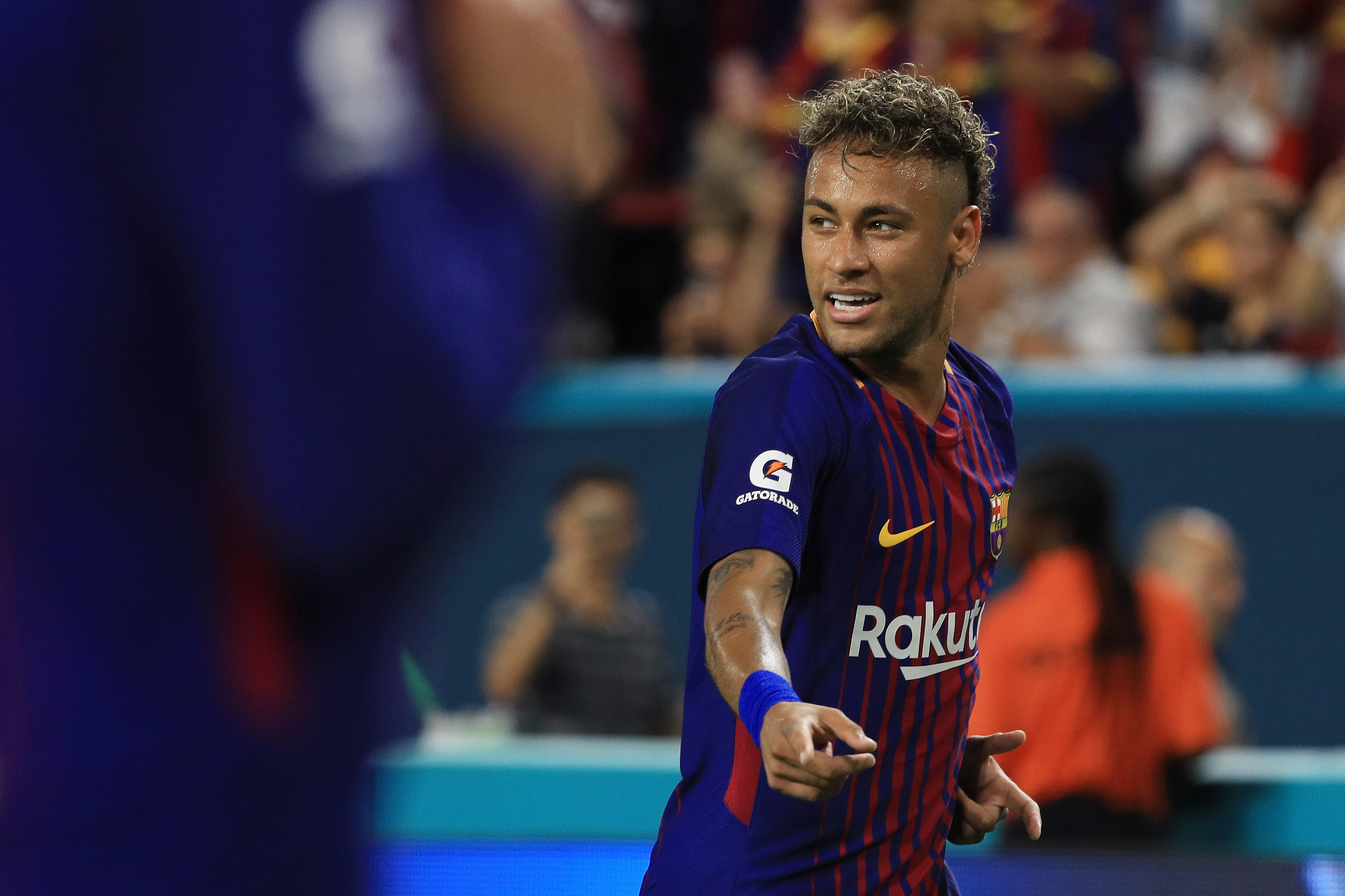 MIAMI GARDENS, FL - JULY 29:  Neymar #11 of Barcelona reacts in the second half against Real Madrid during their International Champions Cup 2017 match at Hard Rock Stadium on July 29, 2017 in Miami Gardens, Florida.  (Photo by Mike Ehrmann/Getty Images)