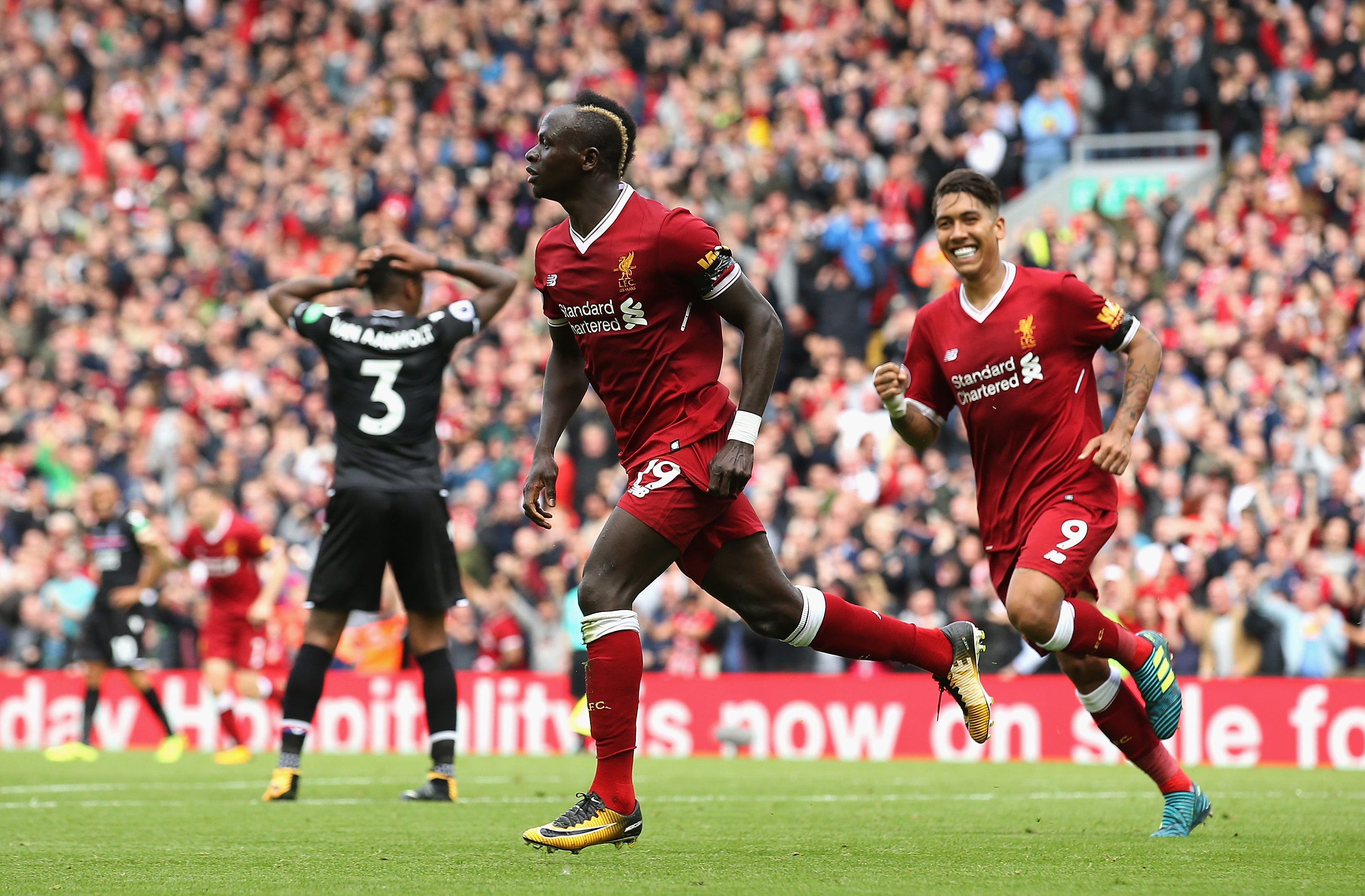 LIVERPOOL, ENGLAND - AUGUST 19: Sadio Mane of Liverpool celebrates scoring his sides first goal during the Premier League match between Liverpool and Crystal Palace at Anfield on August 19, 2017 in Liverpool, England.  (Photo by Jan Kruger/Getty Images)