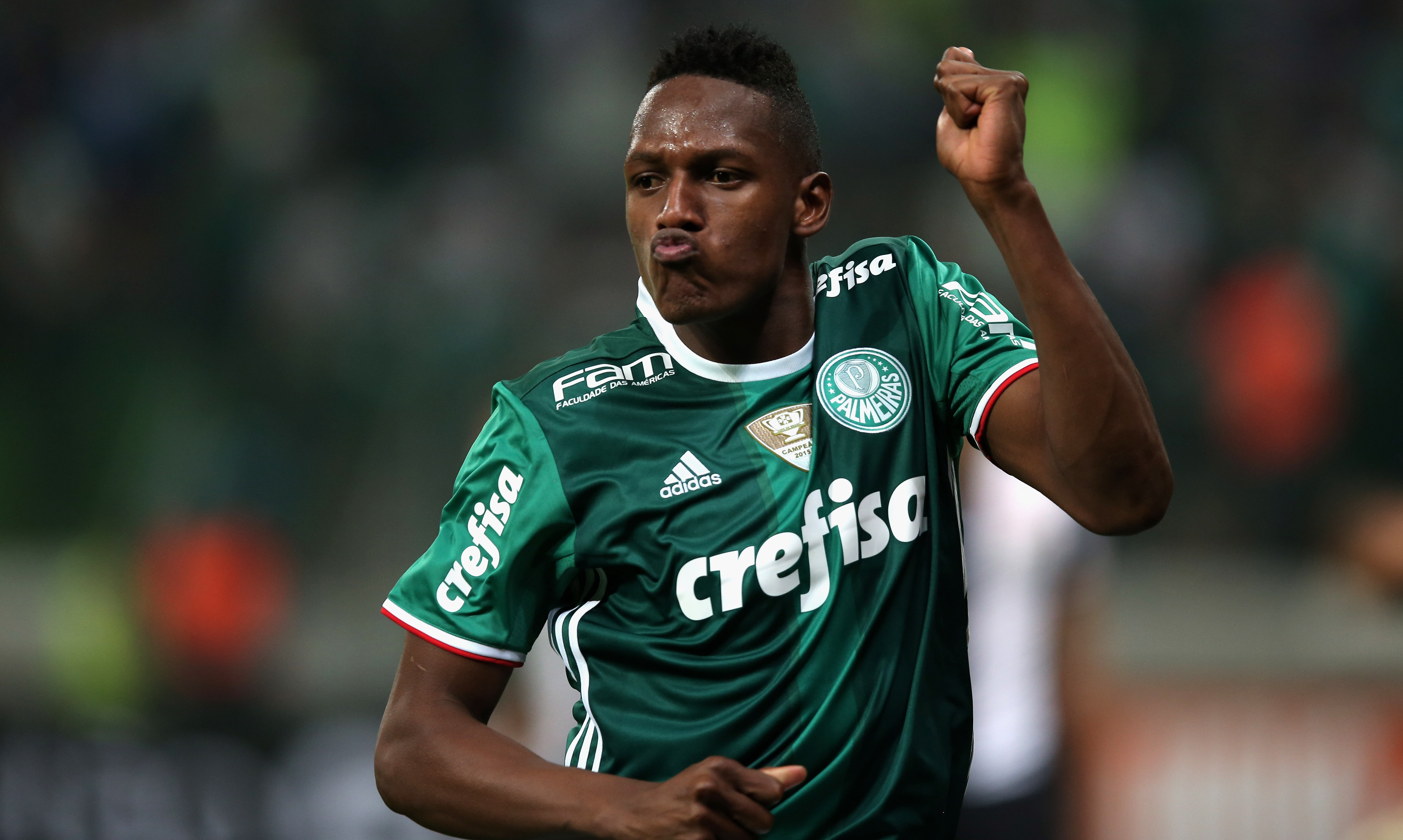 SAO PAULO, BRAZIL - JULY 12:  Yerry Mina of Palmeiras celebrates scoring the first goal during the match between Palmeiras and Santos for the Brazilian Series A 2016 at Allianz Parque on July 12, 2016 in Sao Paulo, Brazil.  (Photo by Friedemann Vogel/Getty Images)