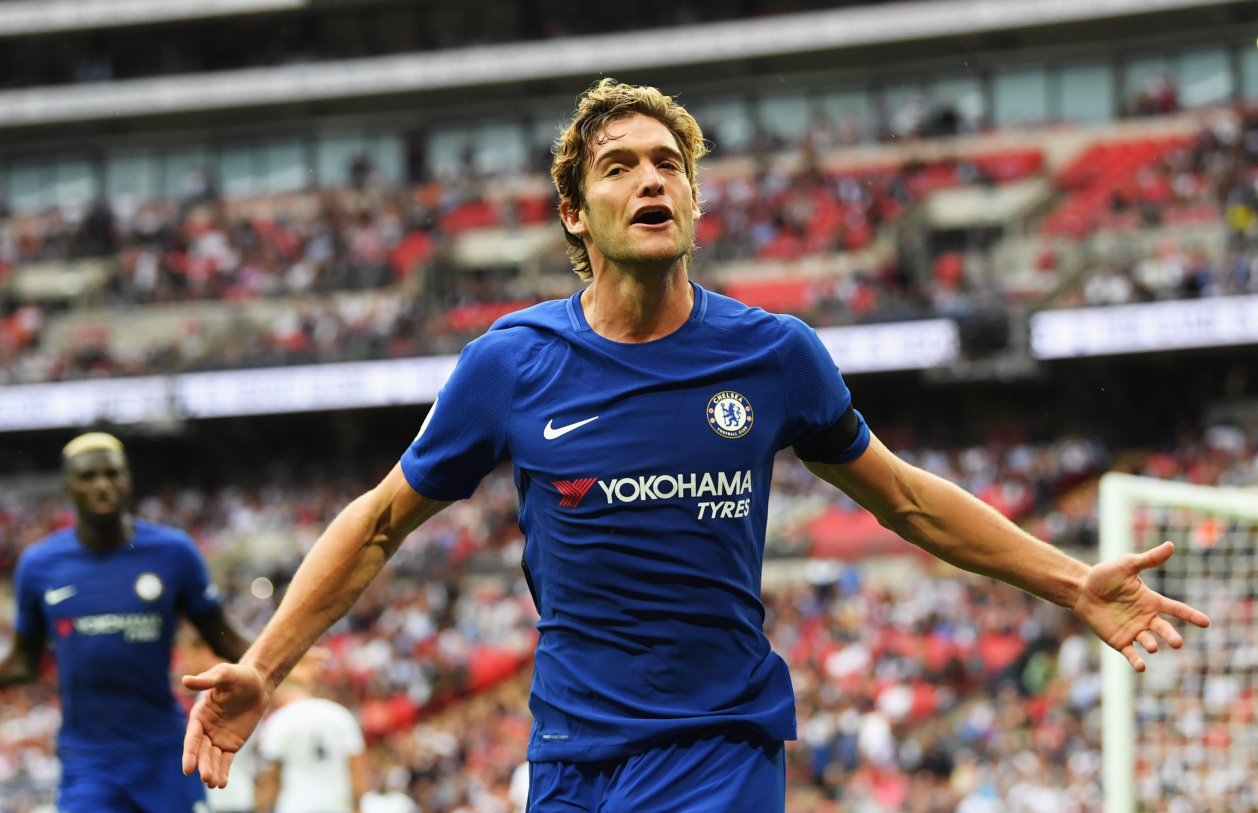 LONDON, ENGLAND - AUGUST 20:  Marcos Alonso of Chelsea celebrates scoring his sides second goal during the Premier League match between Tottenham Hotspur and Chelsea at Wembley Stadium on August 20, 2017 in London, England.  (Photo by Justin Setterfield/Getty Images)