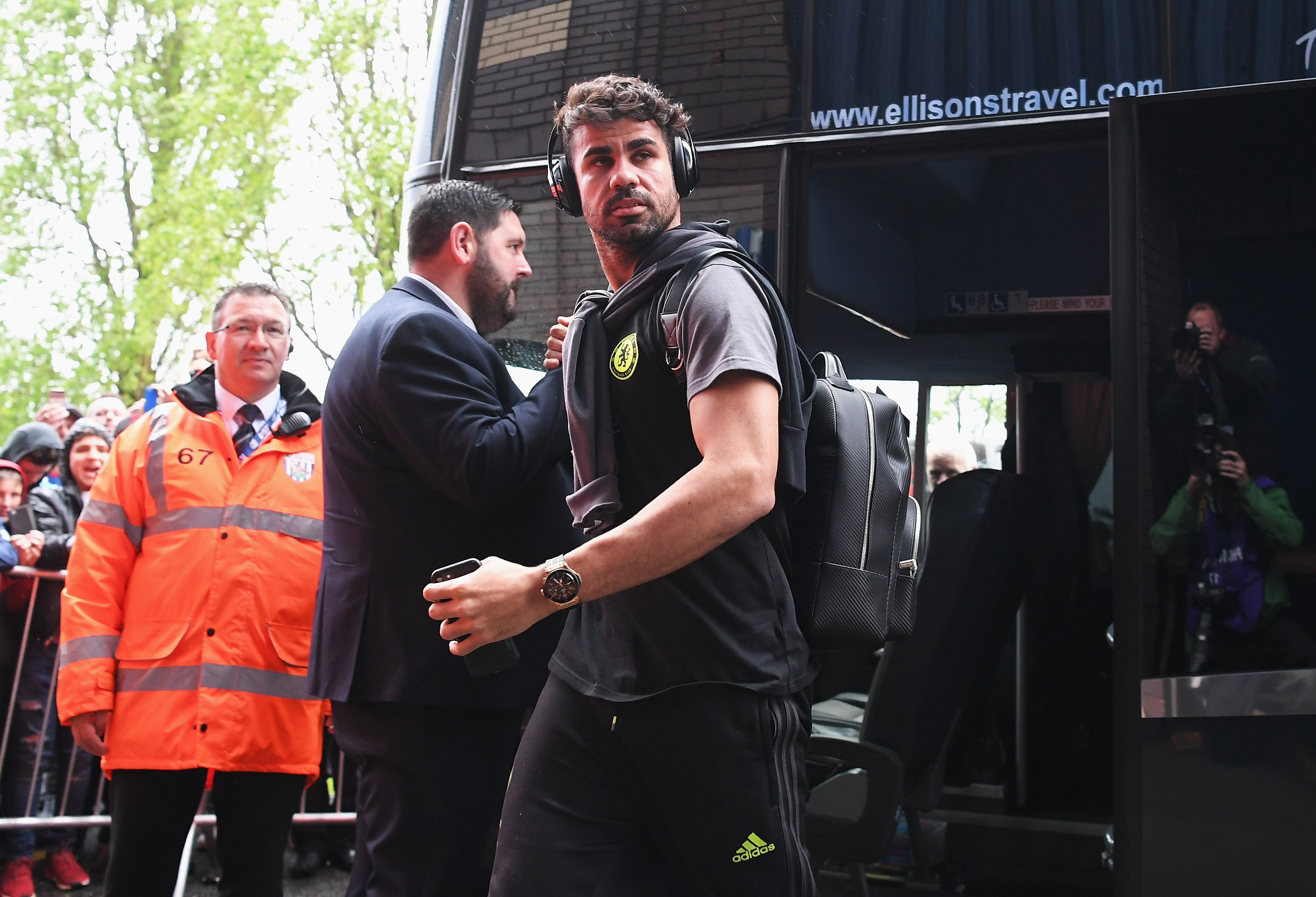 WEST BROMWICH, ENGLAND - MAY 12: Diego Costa of Chelsea arrives at the stadium prior to the Premier League match between West Bromwich Albion and Chelsea at The Hawthorns on May 12, 2017 in West Bromwich, England.  (Photo by Laurence Griffiths/Getty Images)