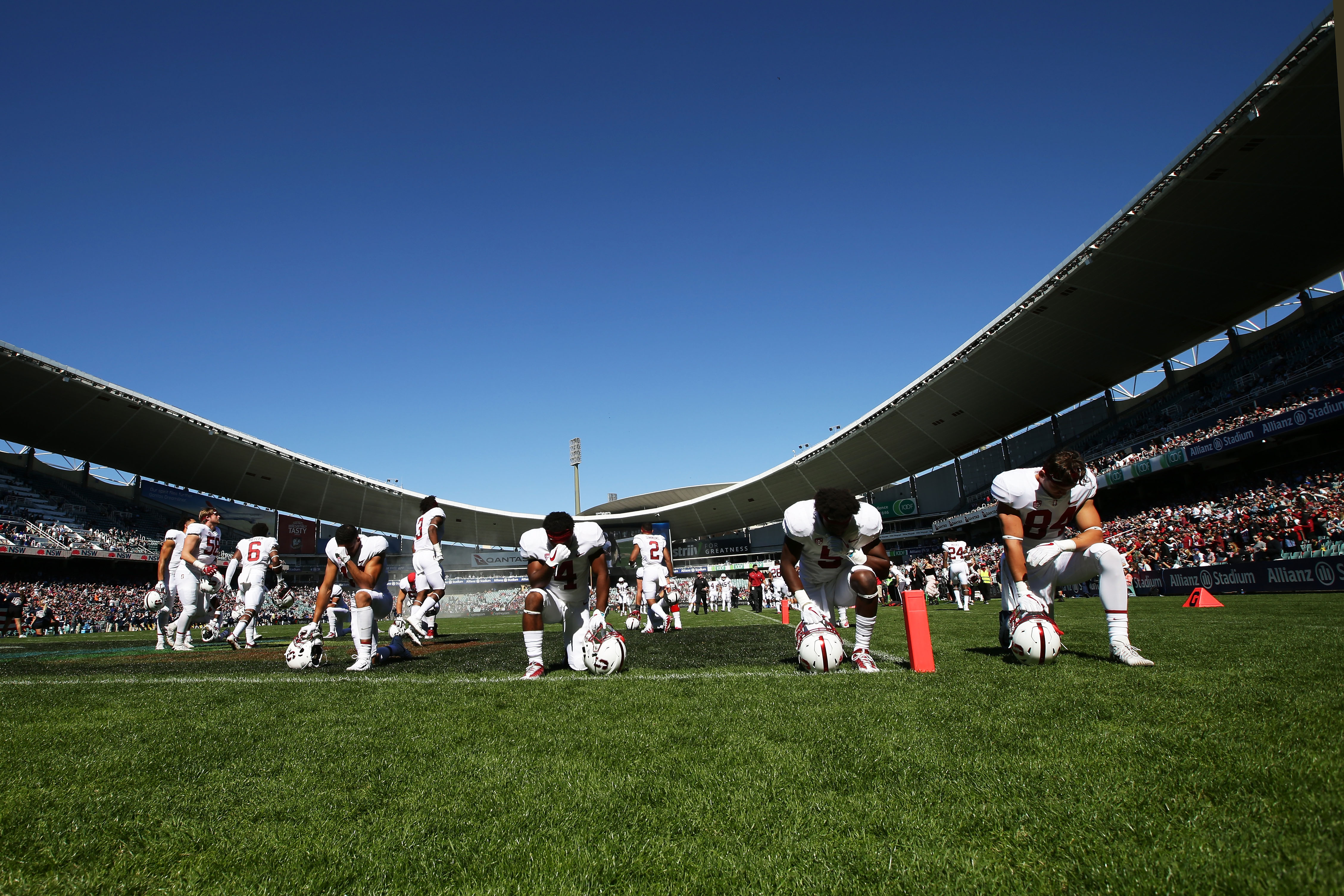 SYDNEY, AUSTRALIA - AUGUST 27:  The Stanford Cardinals prepare before the College Football Sydney Cup match between Stanford University (Stanford Cardinal) and Rice University (Rice Owls) at Allianz Stadium on August 27, 2017 in Sydney, Australia.  (Photo by Matt King/Getty Images)