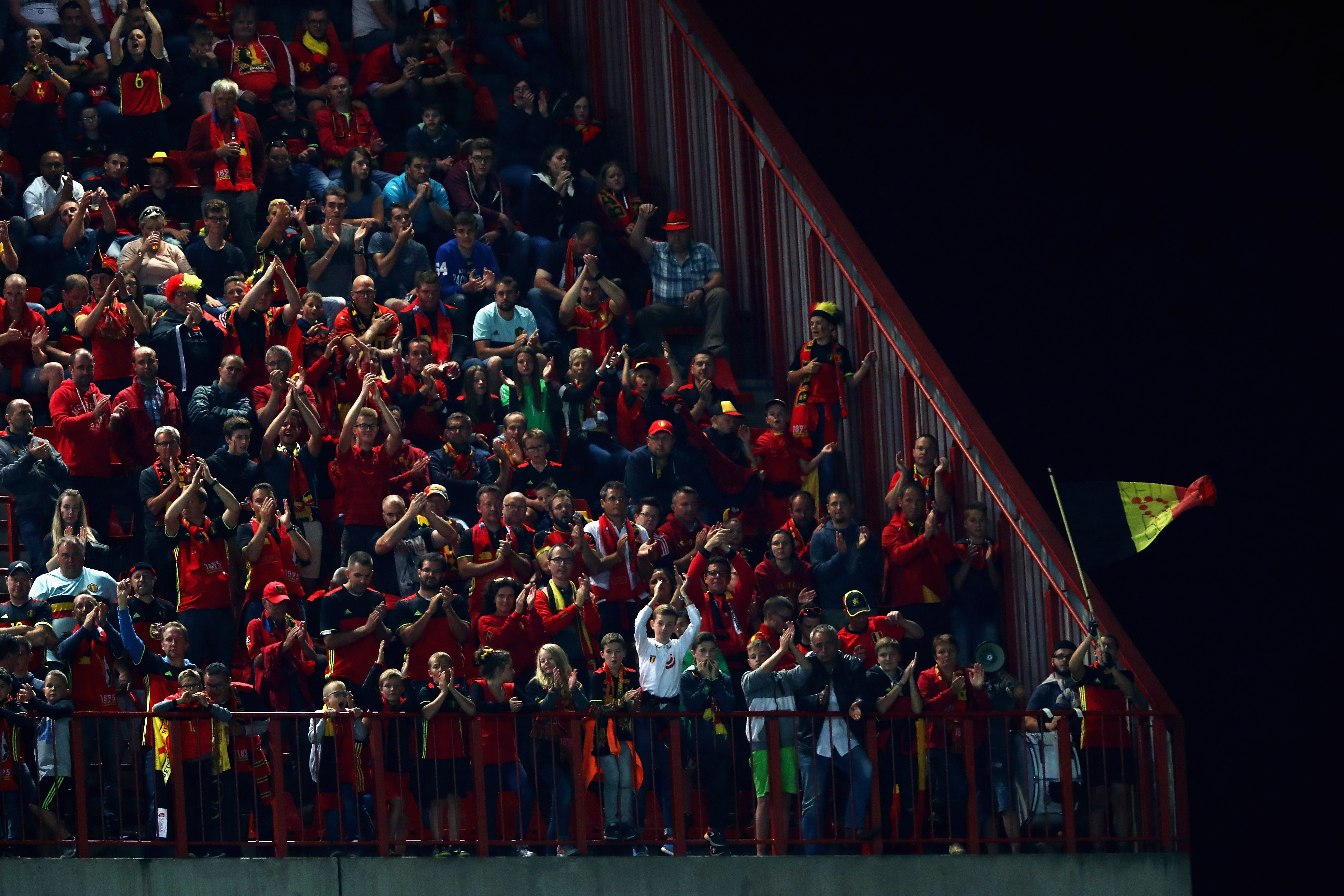 BRUSSELS, BELGIUM - AUGUST 31:  Fans of Belgium show their support during the FIFA 2018 World Cup Qualifier between Belgium and Gibraltar at Stade Maurice Dufrasne on August 31, 2017 in Liege, Belgium.  (Photo by Dean Mouhtaropoulos/Getty Images)