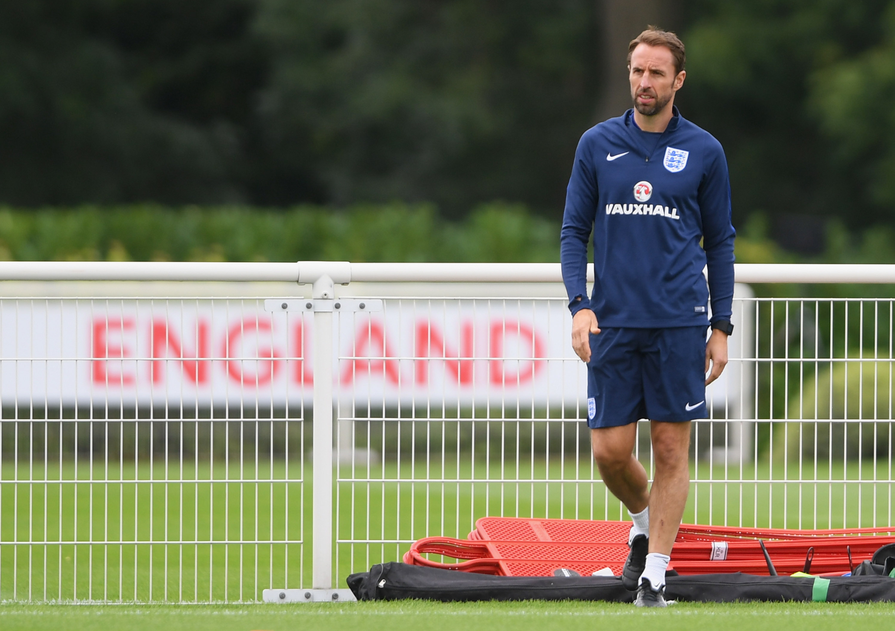 ENFIELD, ENGLAND - SEPTEMBER 03:  Gareth Southgate manager of England looks on during an England training session on the eve of their World Cup qualifier against Slovakia at Tottenham Hotspur FC Training Ground on September 3, 2017 in Enfield, England.  (Photo by Mike Hewitt/Getty Images)