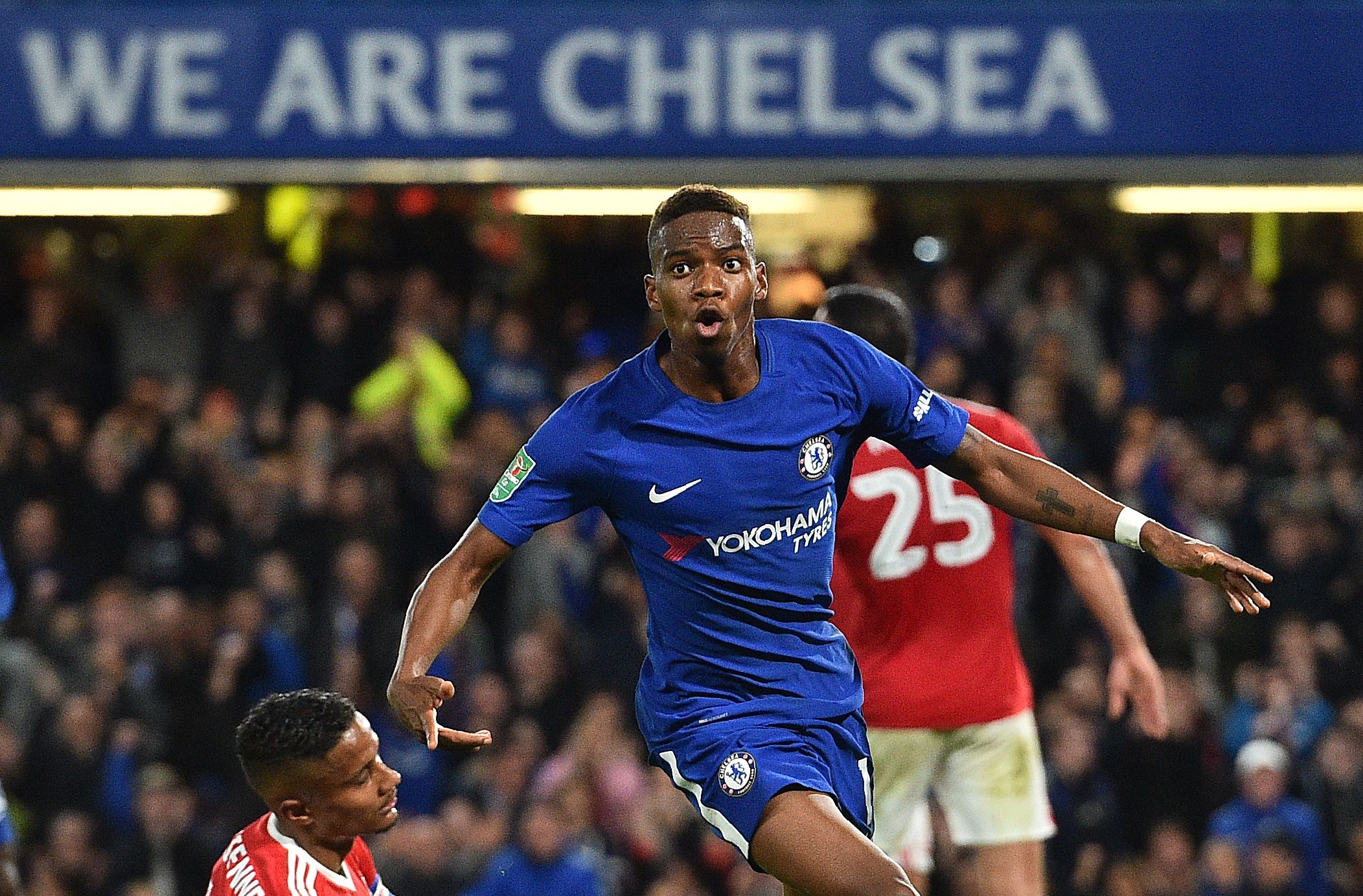 Chelsea's Belgian midfielder Charly Musonda celebrates scoring his team's third goal during the English League Cup third round football match between Chelsea and Nottingham Forest at Stamford Bridge in London on September 20, 2017. / AFP PHOTO / Glyn KIRK / RESTRICTED TO EDITORIAL USE. No use with unauthorized audio, video, data, fixture lists, club/league logos or 'live' services. Online in-match use limited to 75 images, no video emulation. No use in betting, games or single club/league/player publications.  /         (Photo credit should read GLYN KIRK/AFP/Getty Images)