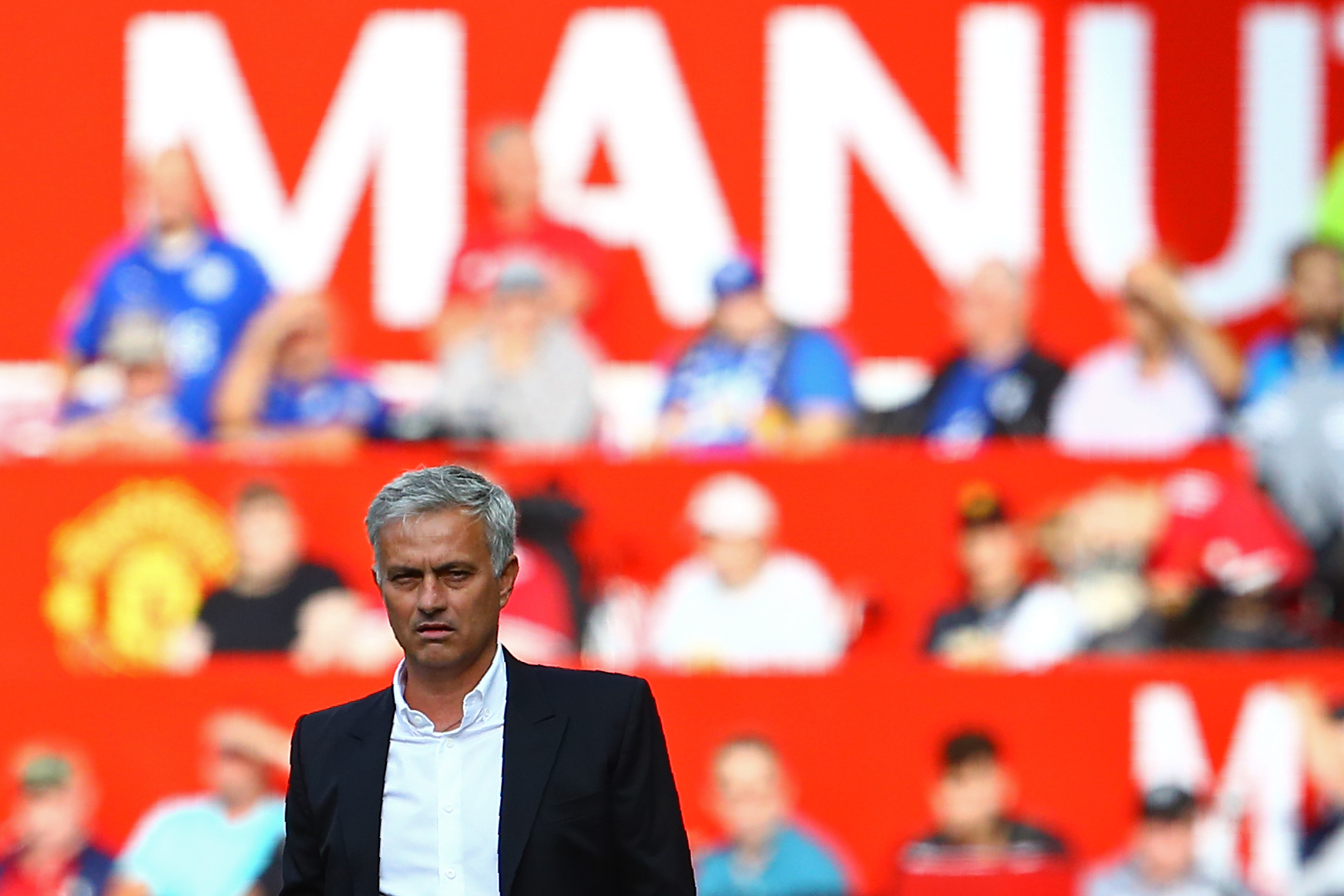 Manchester United's Portuguese manager Jose Mourinho watches from the touchline during the English Premier League football match between Manchester United and Leicester City at Old Trafford in Manchester, north west England, on August 26, 2017. / AFP PHOTO / Geoff CADDICK / RESTRICTED TO EDITORIAL USE. No use with unauthorized audio, video, data, fixture lists, club/league logos or 'live' services. Online in-match use limited to 75 images, no video emulation. No use in betting, games or single club/league/player publications.  /         (Photo credit should read GEOFF CADDICK/AFP/Getty Images)