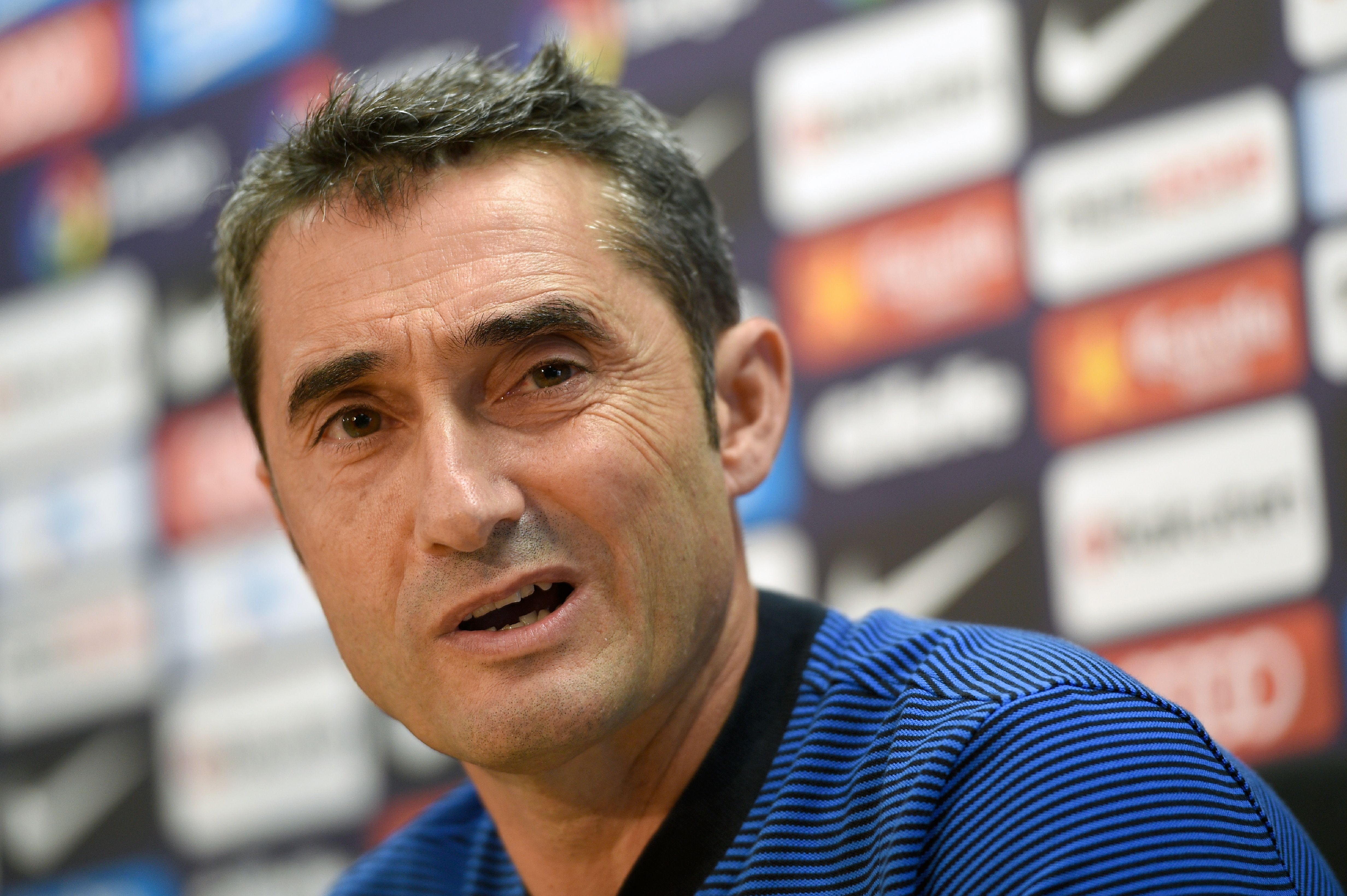 Barcelona's coach Ernesto Valverde gives a press conference at the Sports Center FC Barcelona Joan Gamper in Sant Joan Despi, near Barcelona, on September 8, 2017, on the eve of the Spanish League football match FC Barcelona vs RCD Espanyol. / AFP PHOTO / LLUIS GENE        (Photo credit should read LLUIS GENE/AFP/Getty Images)