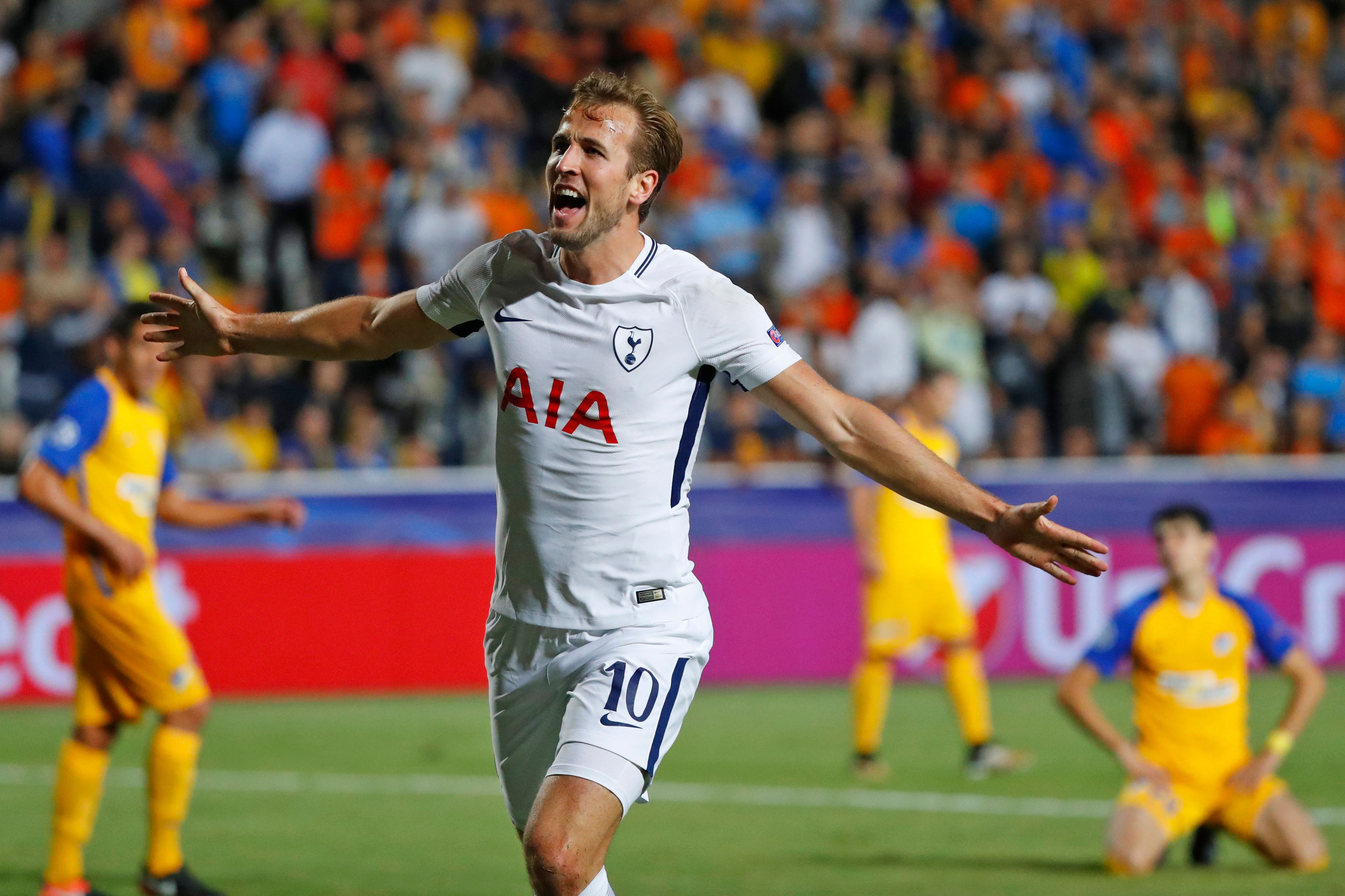 Tottenham Hotspur's English striker Harry Kane celebrates after scoring during the UEFA Champions League football match between Apoel FC and Tottenham Hotspur at the GSP Stadium in the Cypriot capital, Nicosia on September 26, 2017.  / AFP PHOTO / JACK GUEZ        (Photo credit should read JACK GUEZ/AFP/Getty Images)