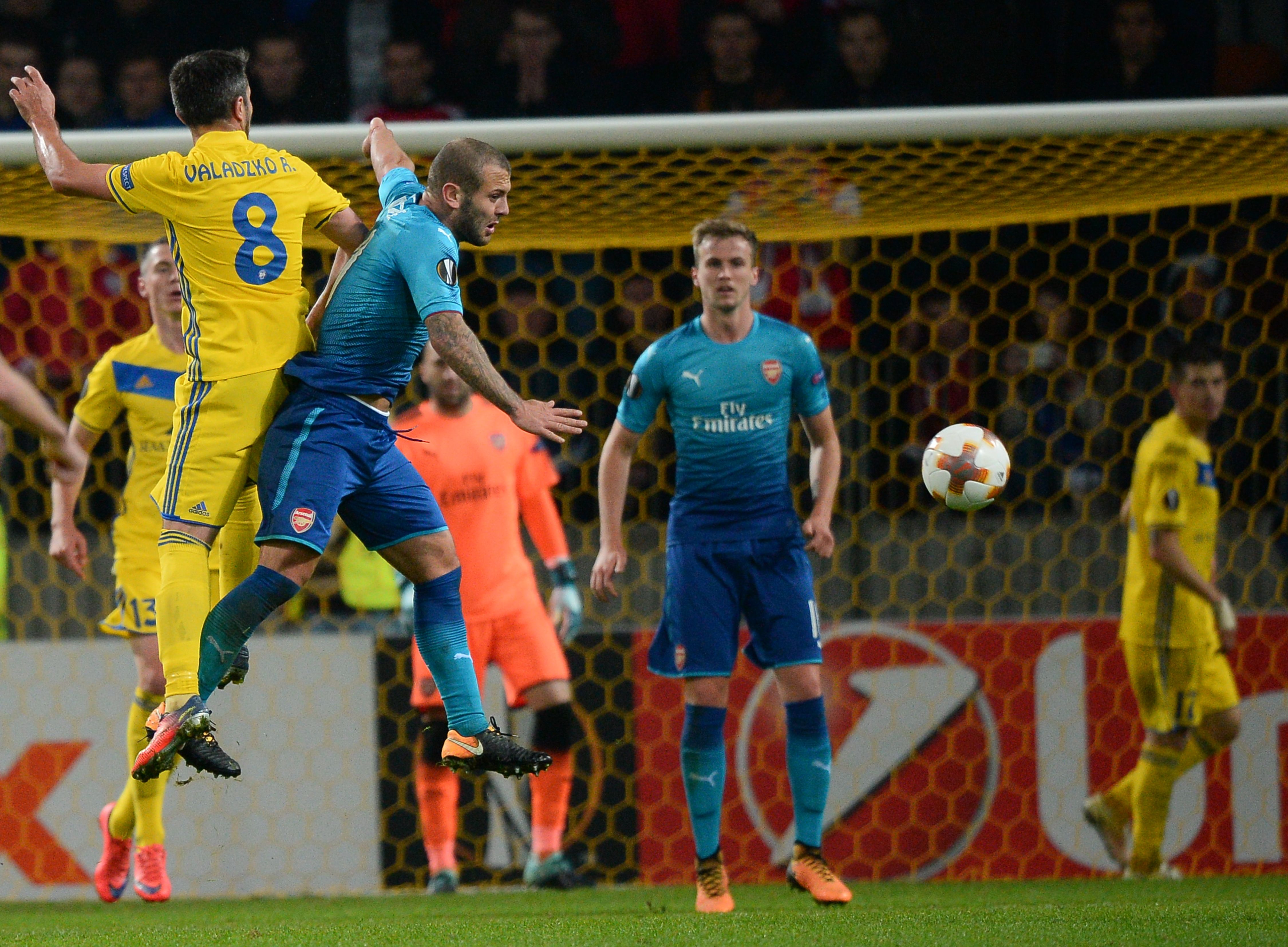 BATE Borisov's midfielder from Belarus Aliaksandr Valadzko and Arsenal's midfielder from England Jack Wilshere vie for the ball during the UEFA Europa League Group H football match between FC BATE Borisov and Arsenal FC in Borisov, outside Minsk, on September 28, 2017. / AFP PHOTO / Maxim MALINOVSKY        (Photo credit should read MAXIM MALINOVSKY/AFP/Getty Images)