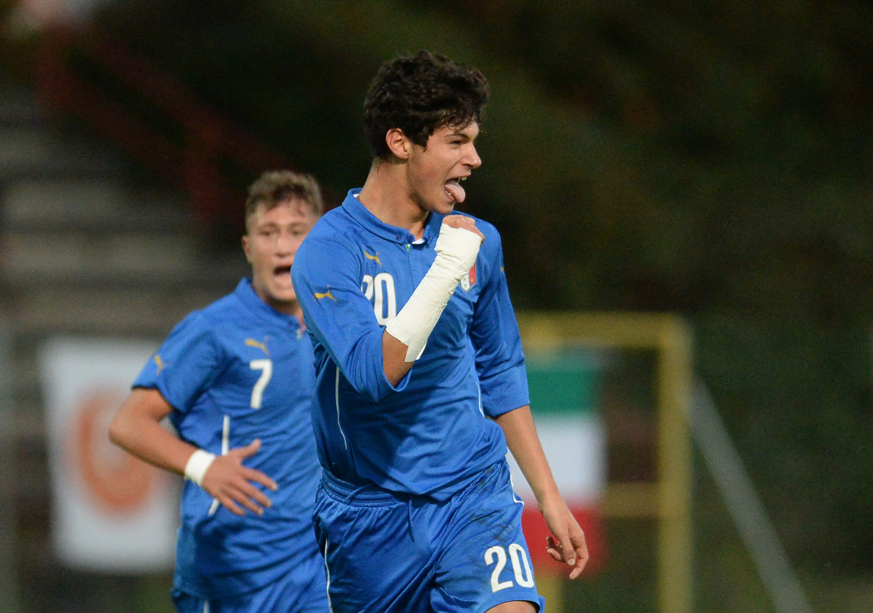 ODERZO, ITALY - OCTOBER 20:  Pietro Pellegri of Italy U16 celebrates after scoring his opening goal during the international friendly match between Italy U16 and Turkey U16 at Stadio Opitergium on October 20, 2015 in Oderzo, Italy.  (Photo by Dino Panato/Getty Images)