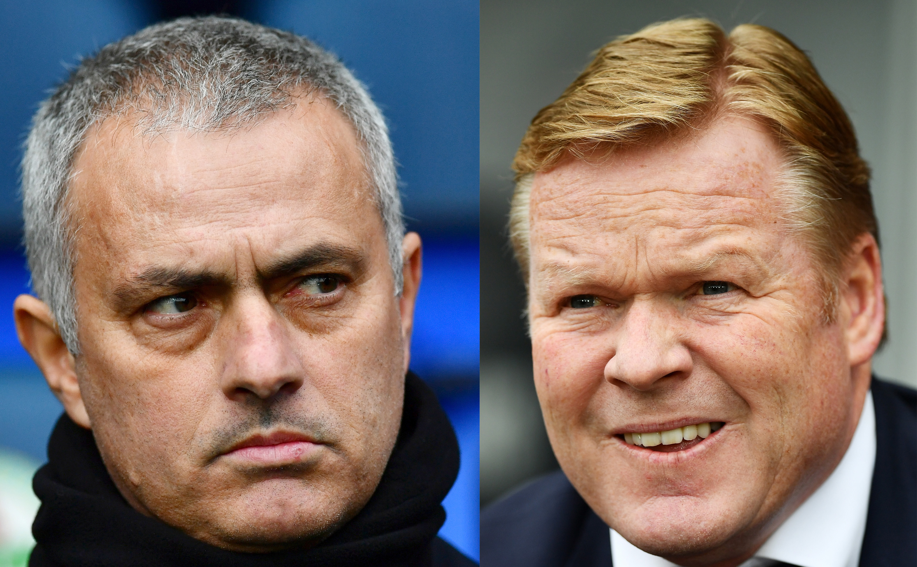 FILE PHOTO (EDITORS NOTE: COMPOSITE OF TWO IMAGES - Image numbers (L) 642889996 and 679674950) In this composite image a comparison has been made between Jose Mourinho manager of Manchester United and  Everton manager Ronald Koeman.  Manchester United and Everton meet in a Premier League match at Old Trafford on September 17, 217 in London. ***LEFT IMAGE*** BLACKBURN, ENGLAND - FEBRUARY 19: Jose Mourinho manager of Manchester United looks on prior to The Emirates FA Cup Fifth Round match between Blackburn Rovers and Manchester United at Ewood Park on February 19, 2017 in Blackburn, England. (Photo by Dan Mullan/Getty Images) ***RIGHT IMAGE*** SWANSEA, WALES - MAY 06: Ronald Koeman the Everton manager looks on during the Premier League match between Swansea City and Everton at the Liberty Stadium on May 6, 2017 in Swansea, Wales. (Photo by Dan Mullan/Getty Images)