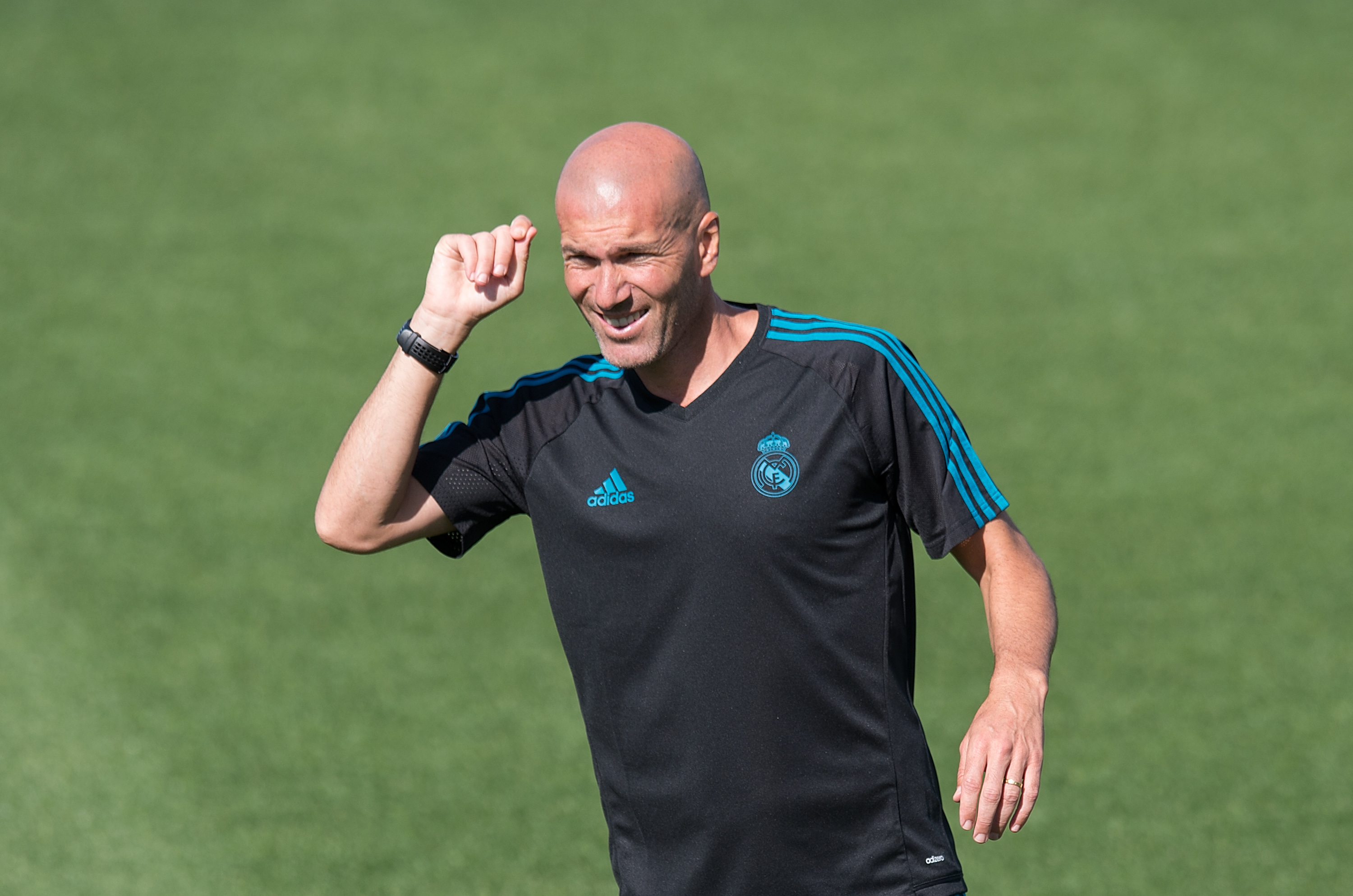 MADRID, SPAIN - SEPTEMBER 12: Real Madrid CF manager Zinedine Zidane looks on during the Real Madrid CF training session at Valdebebas training ground on September 12, 2017 in Madrid, Spain. (Photo by Denis Doyle/Getty Images)