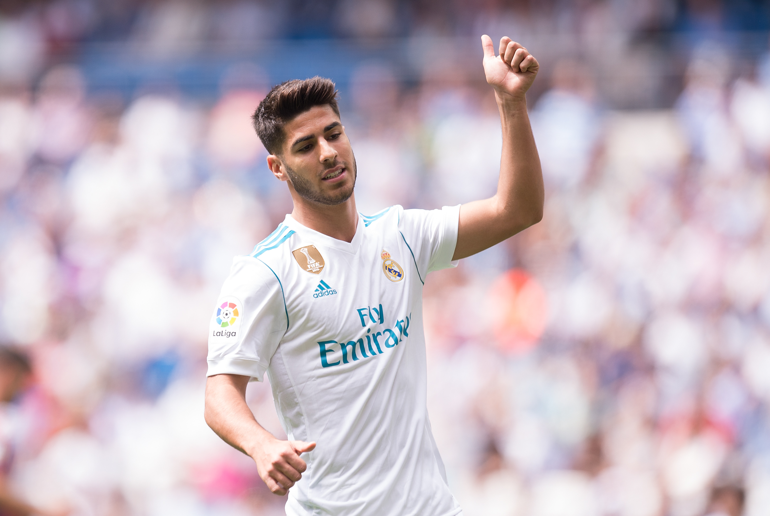 MADRID, SPAIN - SEPTEMBER 09: Marco Asensio of Real Madrid CF reacts during the La Liga match between Real Madrid and Levante at Estadio Santiago Bernabeu on September 9, 2017 in Madrid, Spain . (Photo by Denis Doyle/Getty Images)