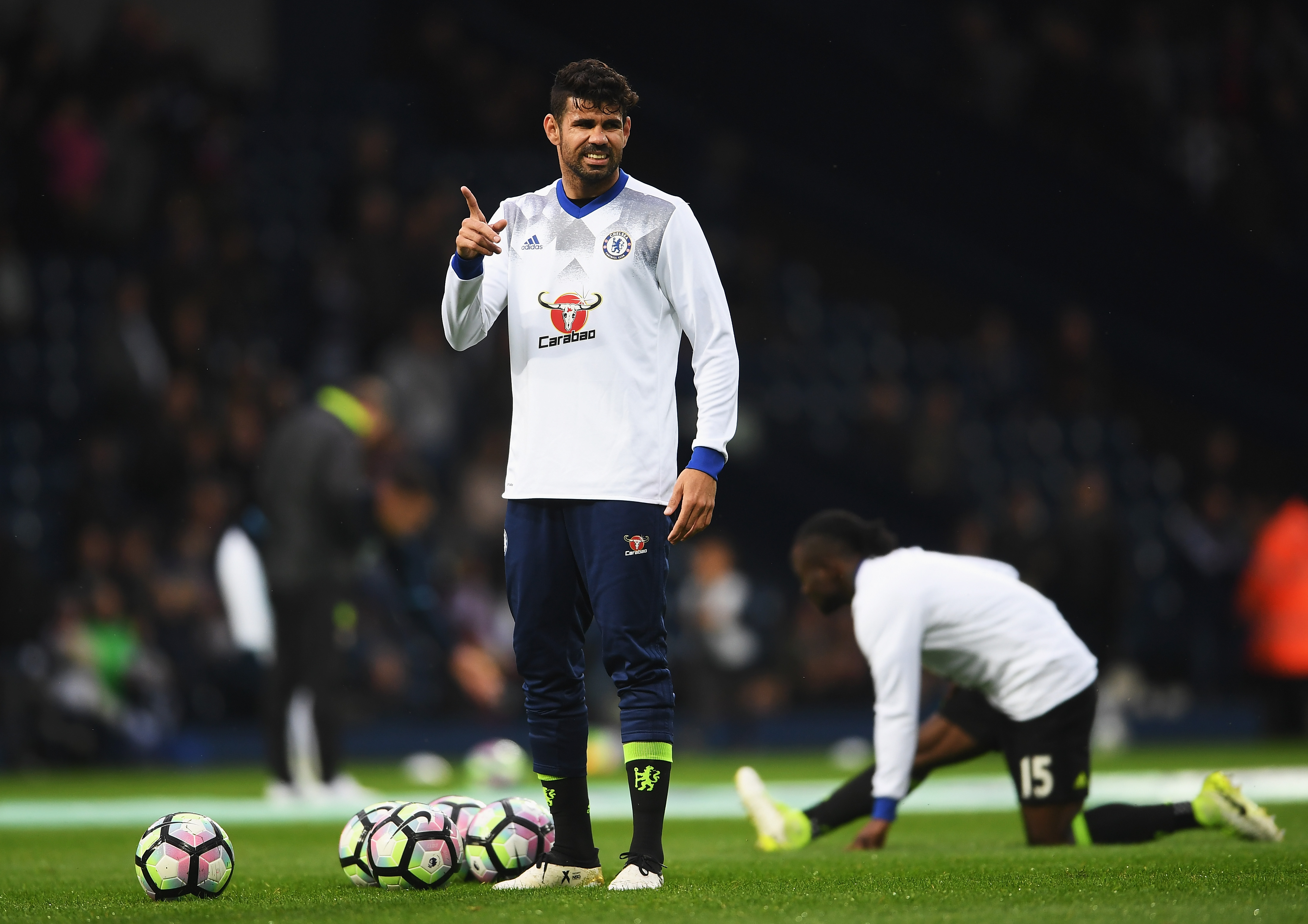 WEST BROMWICH, ENGLAND - MAY 12: Diego Costa of Chelsea warms up prior to the Premier League match between West Bromwich Albion and Chelsea at The Hawthorns on May 12, 2017 in West Bromwich, England.  (Photo by Laurence Griffiths/Getty Images)