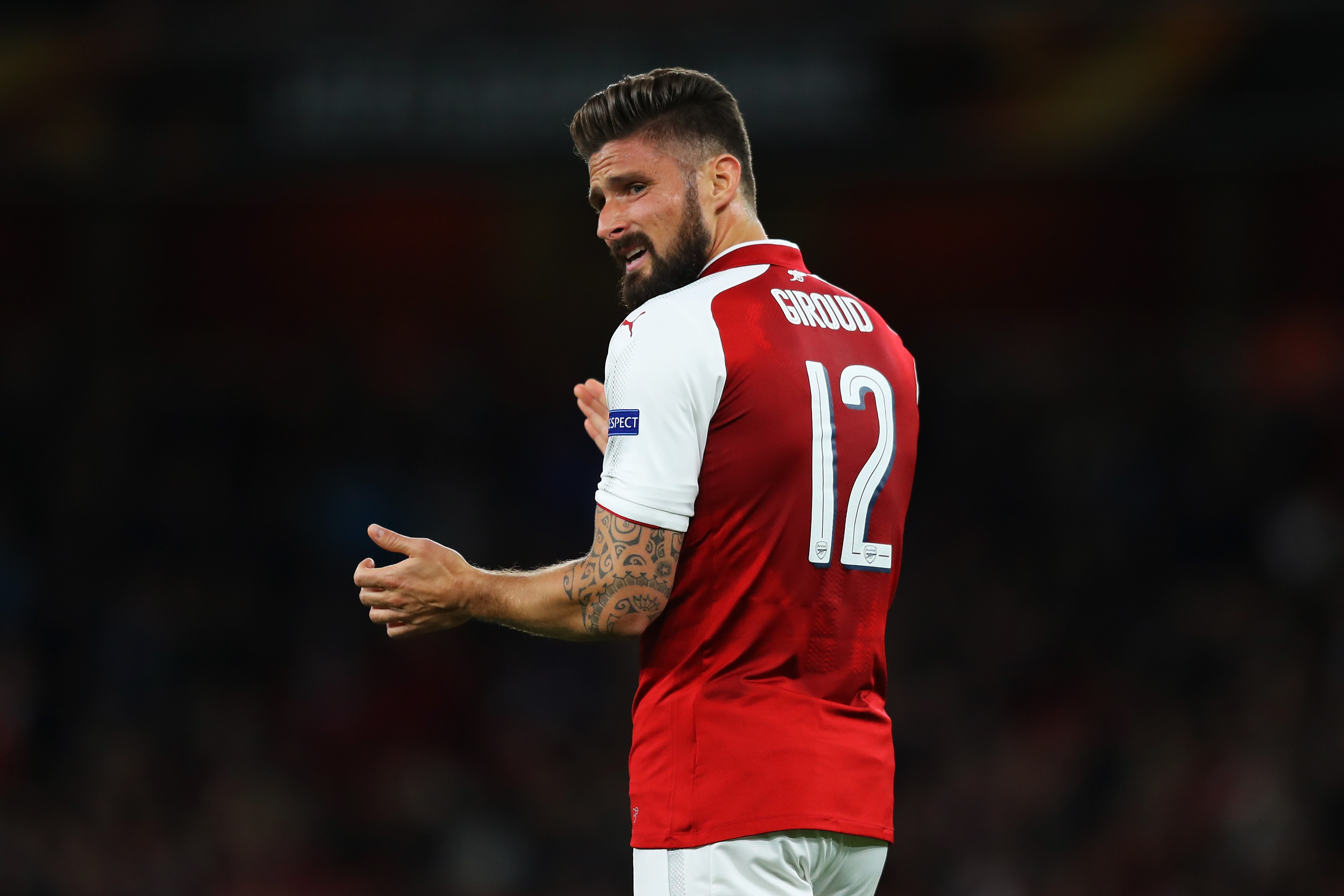 LONDON, ENGLAND - SEPTEMBER 14:  Olivier Giroud of Arsenal reacts during the UEFA Europa League group H match between Arsenal FC and 1. FC Koeln at Emirates Stadium on September 14, 2017 in London, United Kingdom.  (Photo by Richard Heathcote/Getty Images)