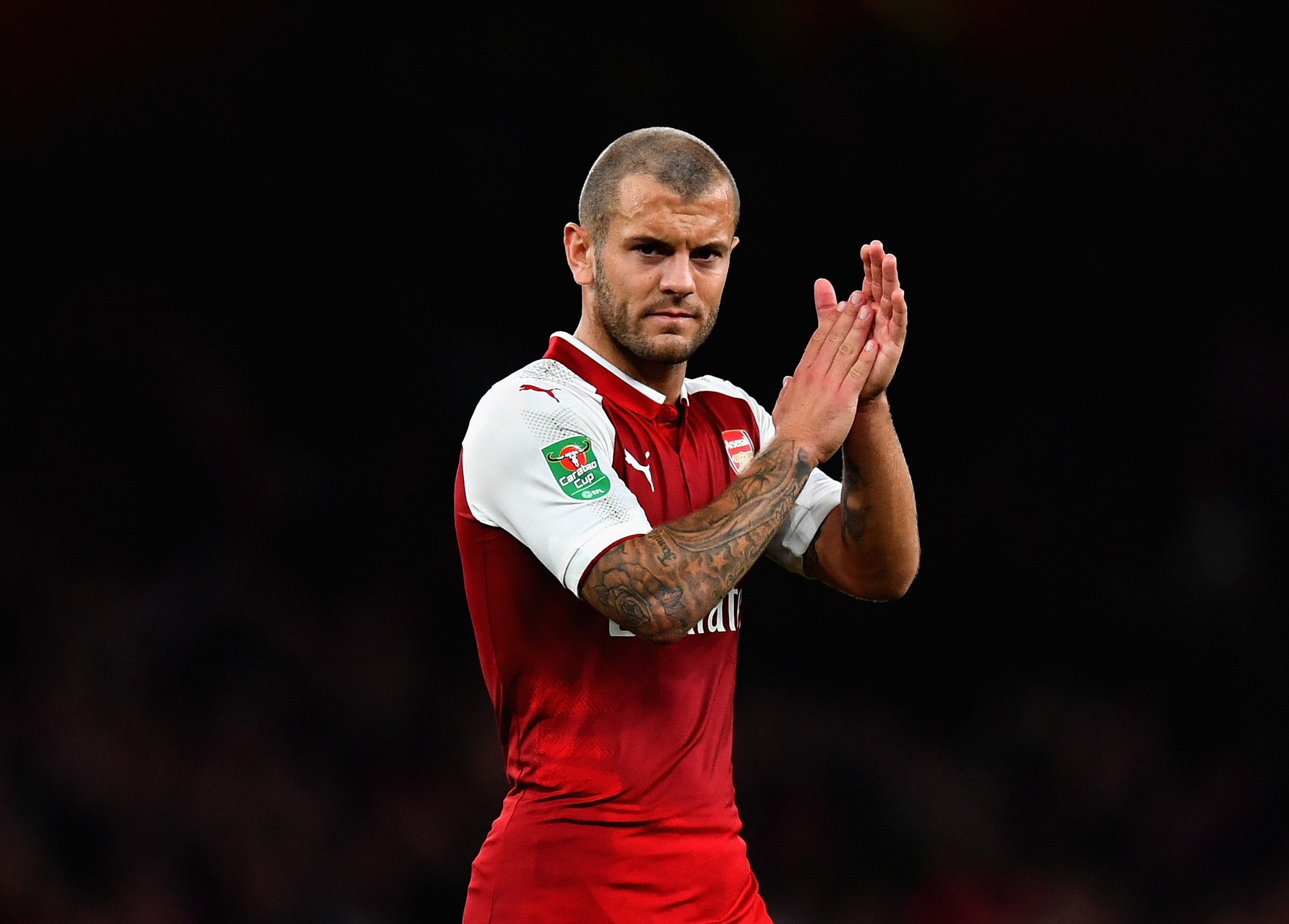 LONDON, ENGLAND - SEPTEMBER 20:  Jack Wilshere of Arsenal shows appreciation to the fans during the Carabao Cup Third Round match between Arsenal and Doncaster Rovers at Emirates Stadium on September 20, 2017 in London, England.  (Photo by Dan Mullan/Getty Images)
