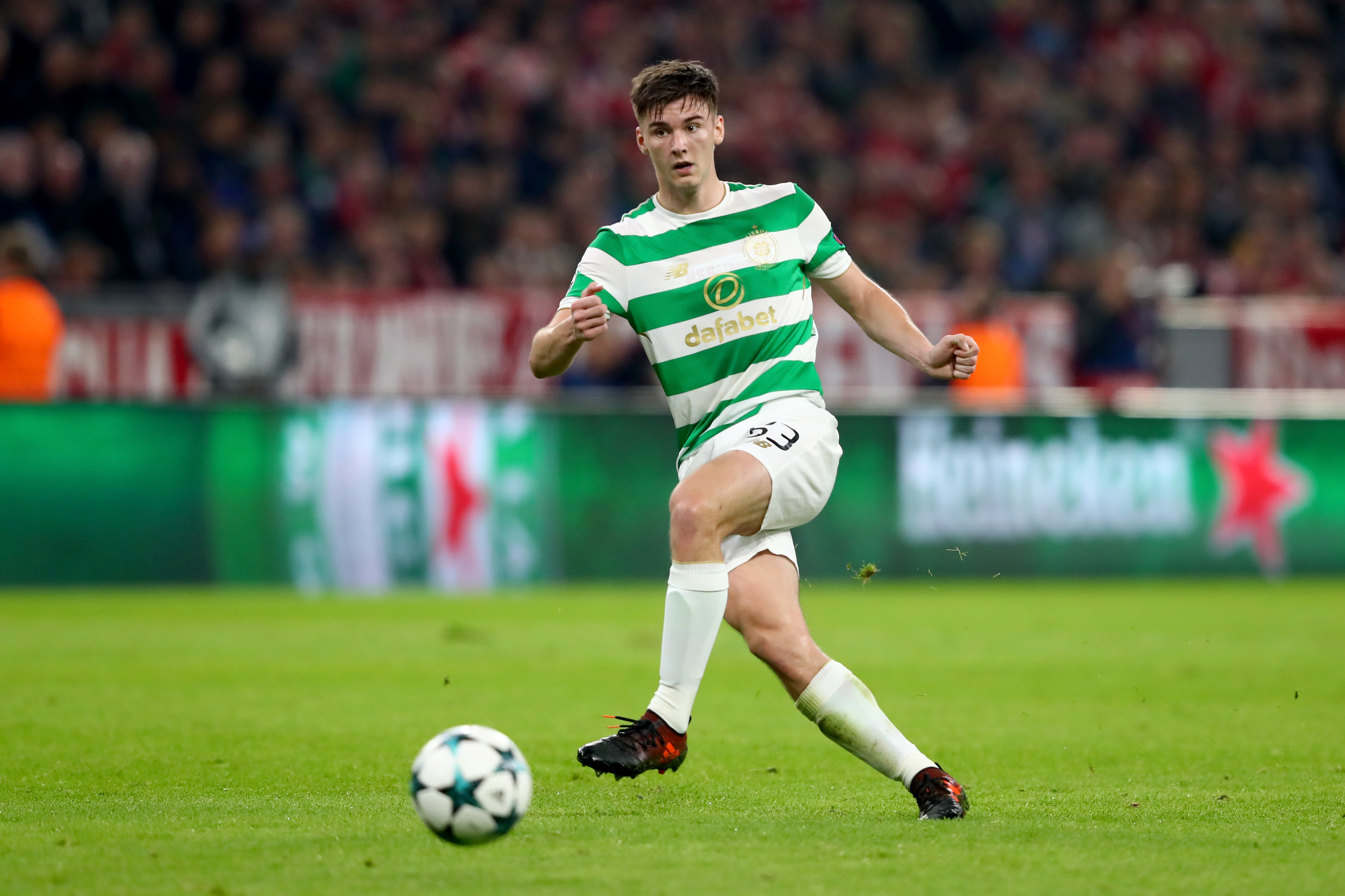 MUNICH, GERMANY - OCTOBER 18:  Kieran Tierney of Celtic runs with the ball during the UEFA Champions League group B match between Bayern Muenchen and Celtic FC at Allianz Arena on October 18, 2017 in Munich, Germany.  (Photo by Alexander Hassenstein/Bongarts/Getty Images)