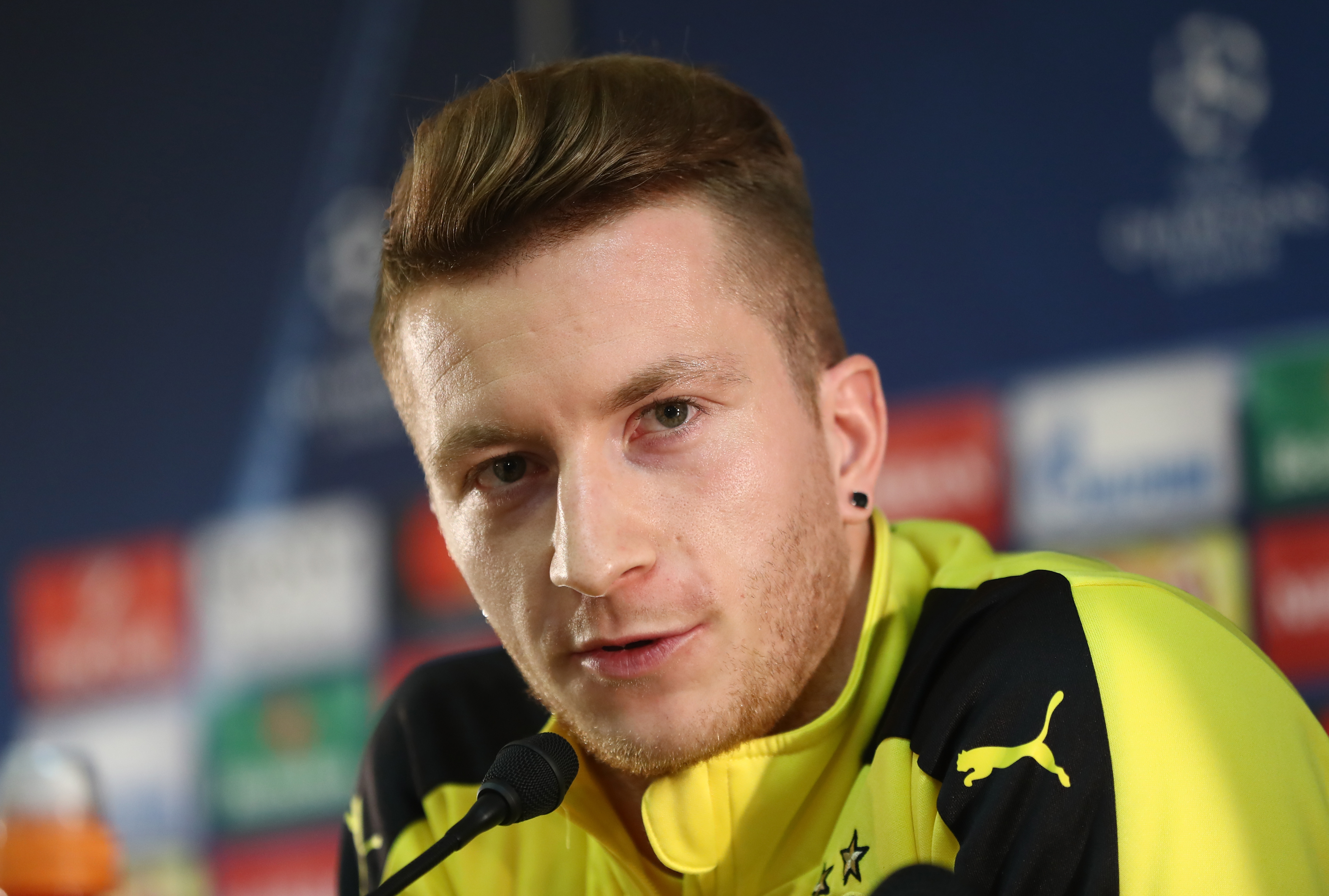 MONACO - APRIL 18:  Marco Reus of Borussia Dortmund speaks to the media during the Borussia Dortmund press conference at the Stade Louis II on April 18, 2017 in Monaco, Monaco.  (Photo by Alex Grimm/Bongarts/Getty Images)