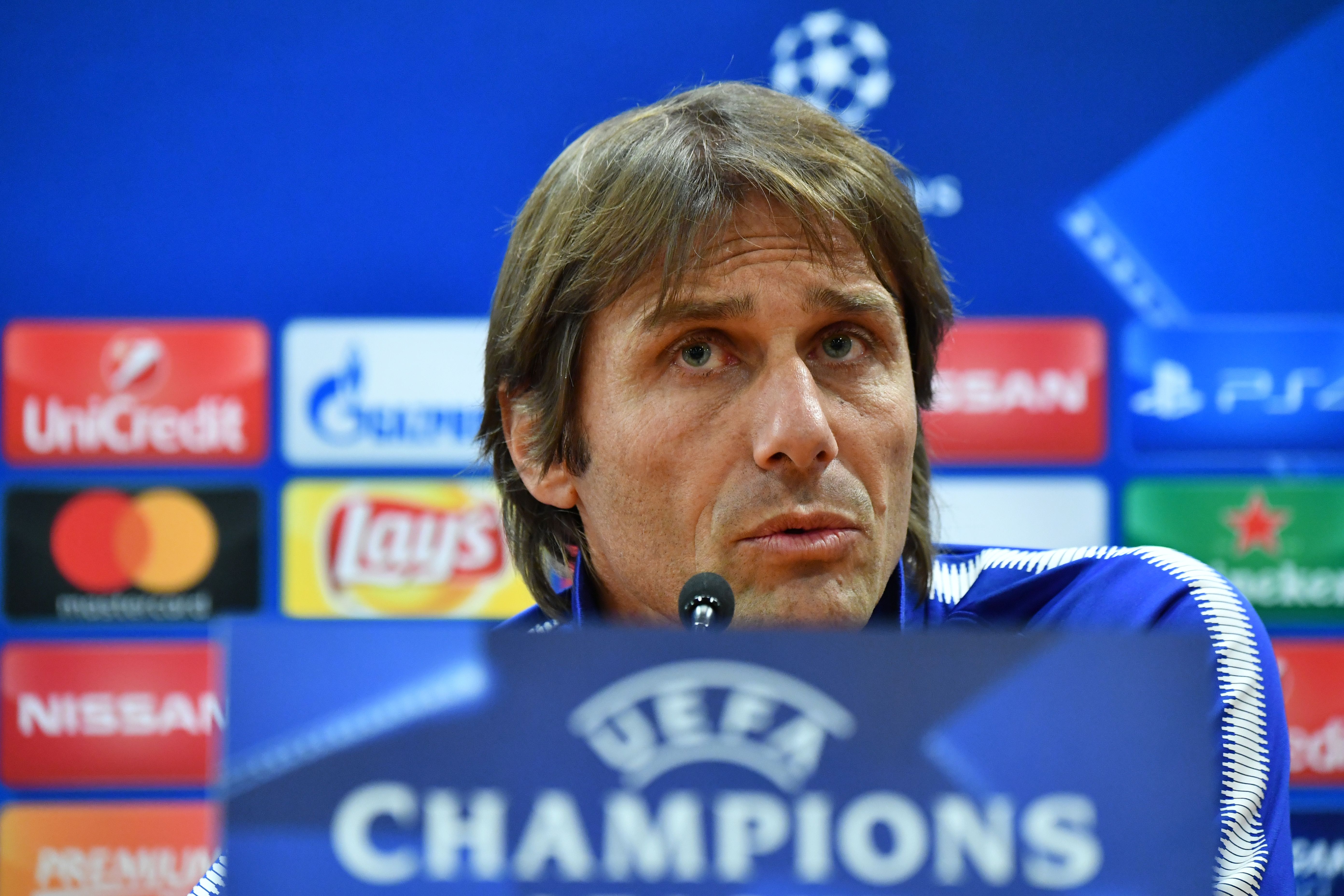 Chelsea's Italian head coach Antonio Conte attends a press conference on the eve of the UEFA Champions League football match AS Roma vs Chelsea, on October 30, 2017 at the Olympic stadium in Rome.  / AFP PHOTO / Alberto PIZZOLI        (Photo credit should read ALBERTO PIZZOLI/AFP/Getty Images)