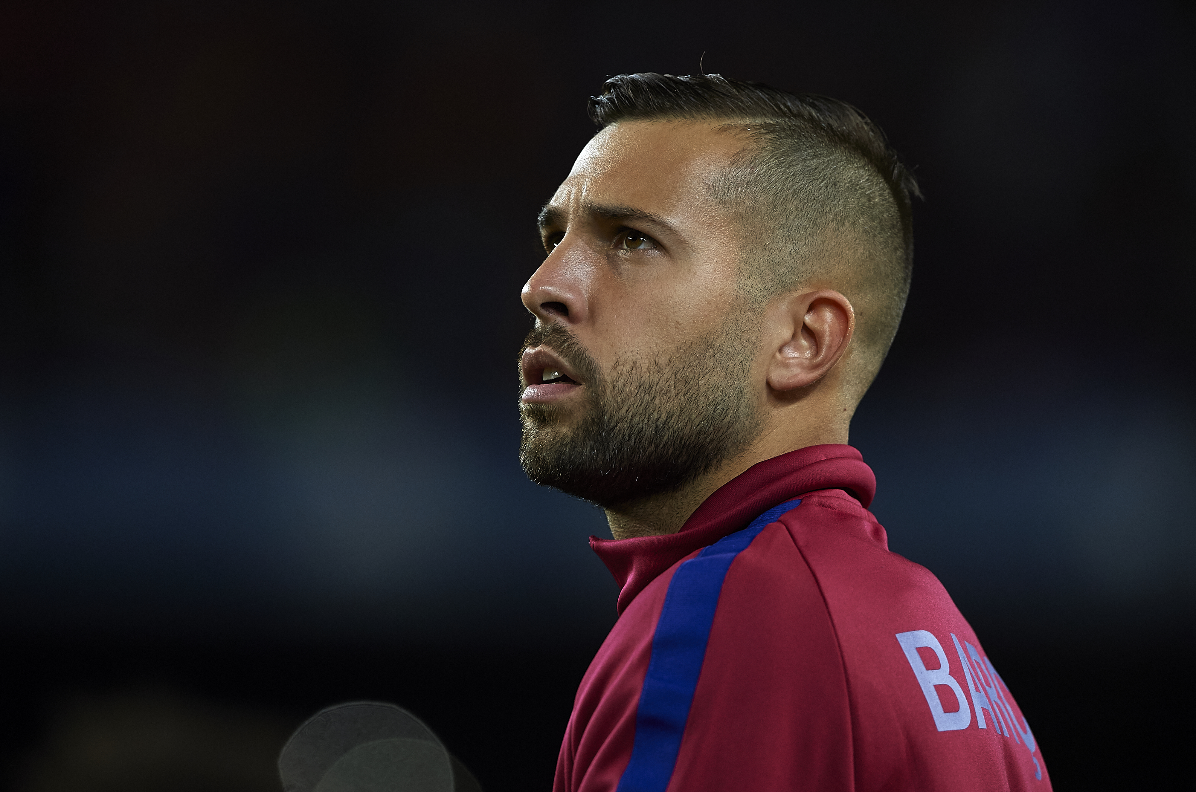BARCELONA, SPAIN - AUGUST 13:  Jordi Alba of Barcelona looks on prior to the Supercopa de Espana Supercopa Final 1st Leg match between FC Barcelona and Real Madrid at Camp Nou on August 13, 2017 in Barcelona, Spain.  (Photo by Manuel Queimadelos Alonso/Getty Images,)