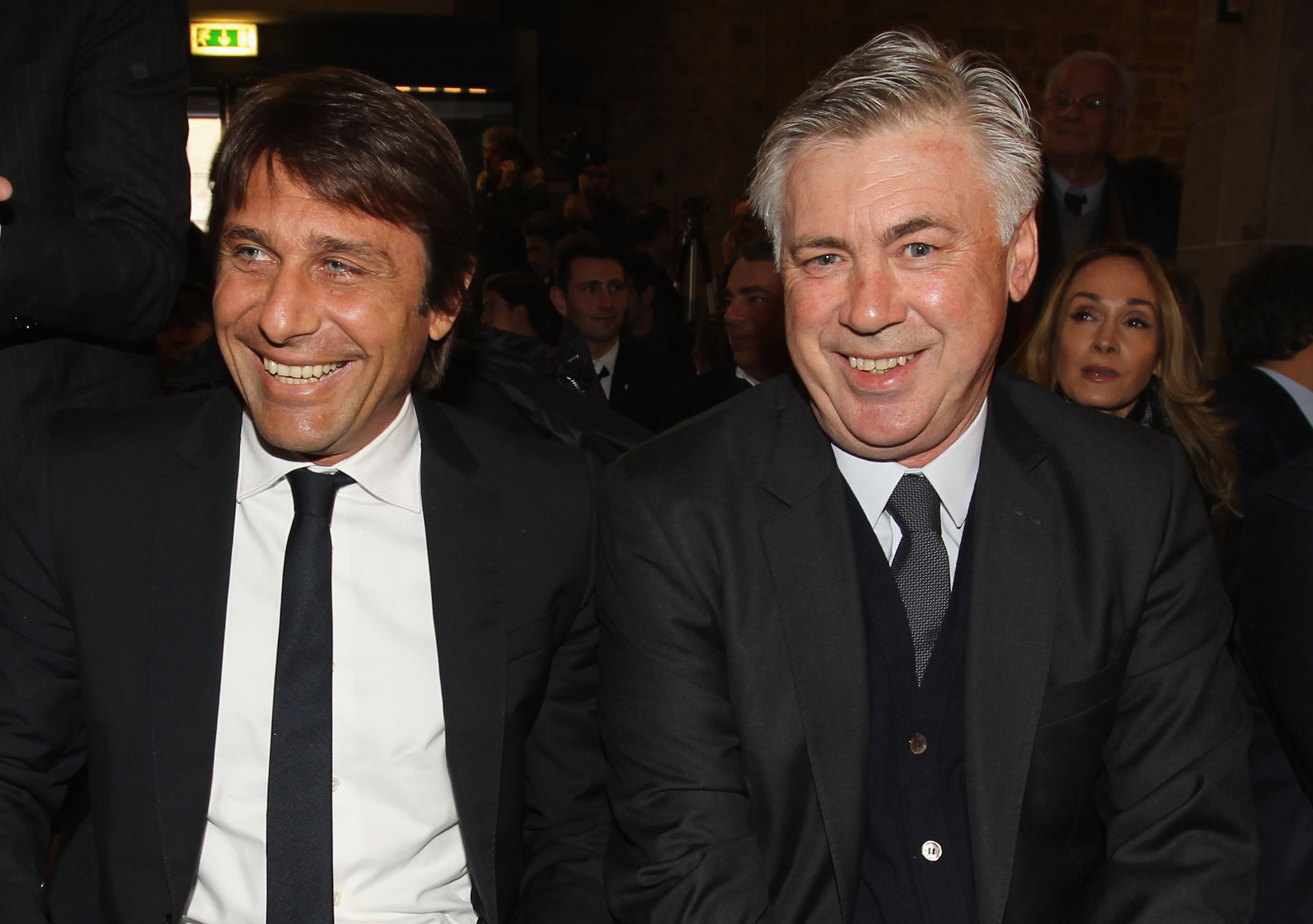 FLORENCE, ITALY - JANUARY 19:  (L-R) Italy head coach Antonio Conte and Real Madrid head coach Carlo Ancelotti attend the Italian Football Federation Hall of Fame Award ceremony at Palazzo Vecchio on January 19, 2015 in Florence, Italy.  (Photo by Paolo Bruno/Getty Images)