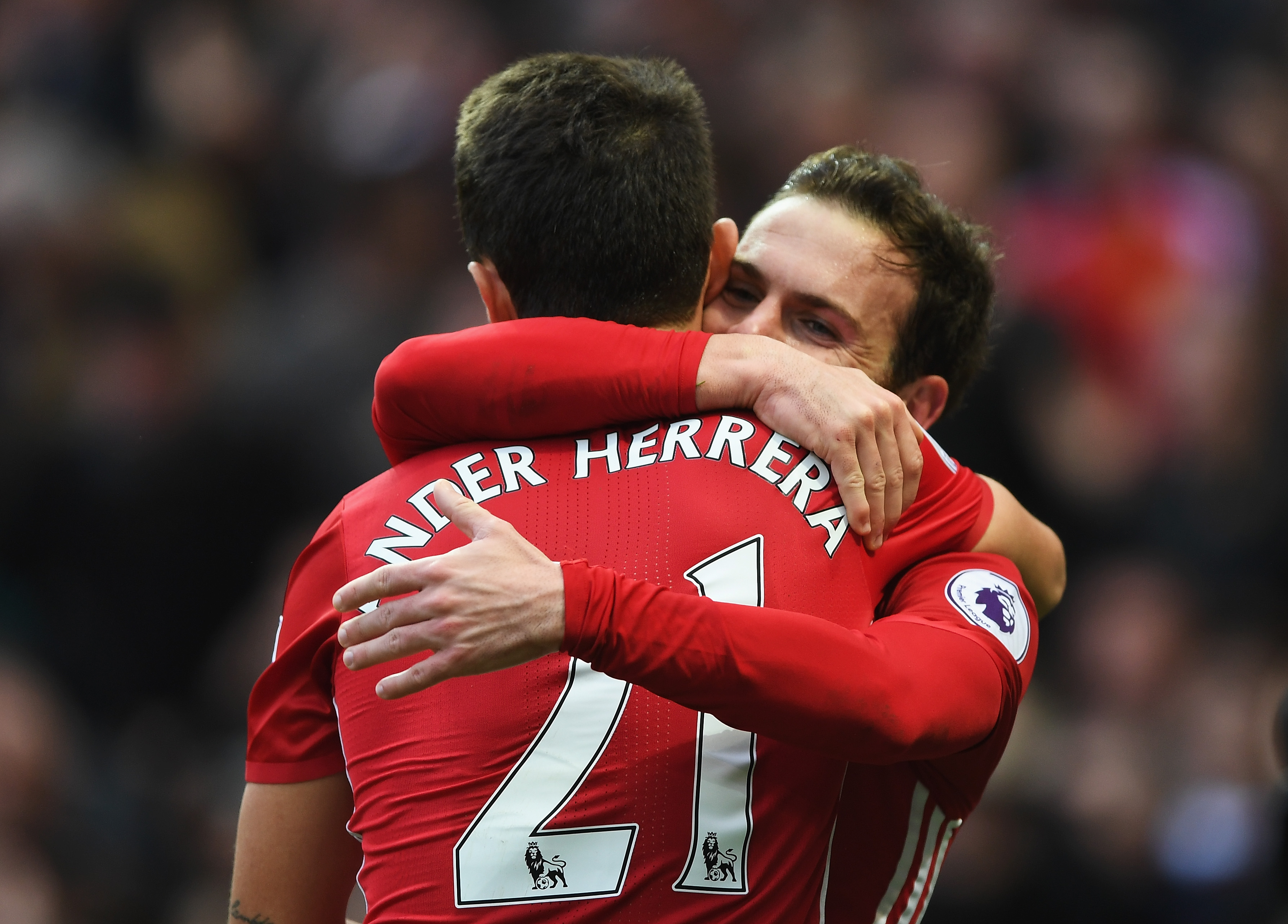 MANCHESTER, ENGLAND - NOVEMBER 19:  Juan Mata of Manchester United celebrates scoring his sides first goal with Ander Herrera of Manchester United during the Premier League match between Manchester United and Arsenal at Old Trafford on November 19, 2016 in Manchester, England.  (Photo by Shaun Botterill/Getty Images)