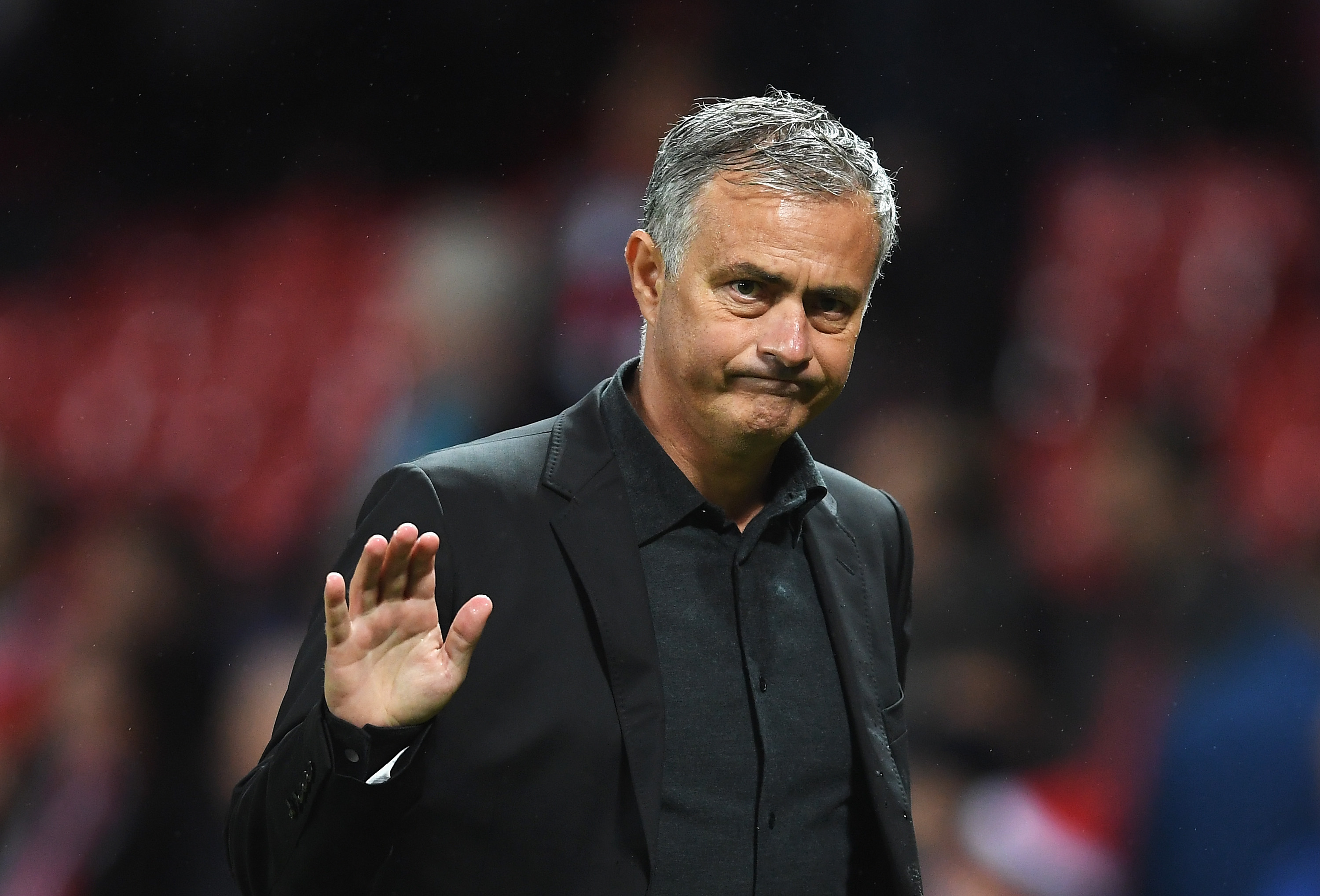 MANCHESTER, ENGLAND - SEPTEMBER 12: Jose Mourinho, Manager of Manchester United shows appreciation to the fans after the UEFA Champions League Group A match between Manchester United and FC Basel at Old Trafford on September 12, 2017 in Manchester, United Kingdom.  (Photo by Laurence Griffiths/Getty Images)