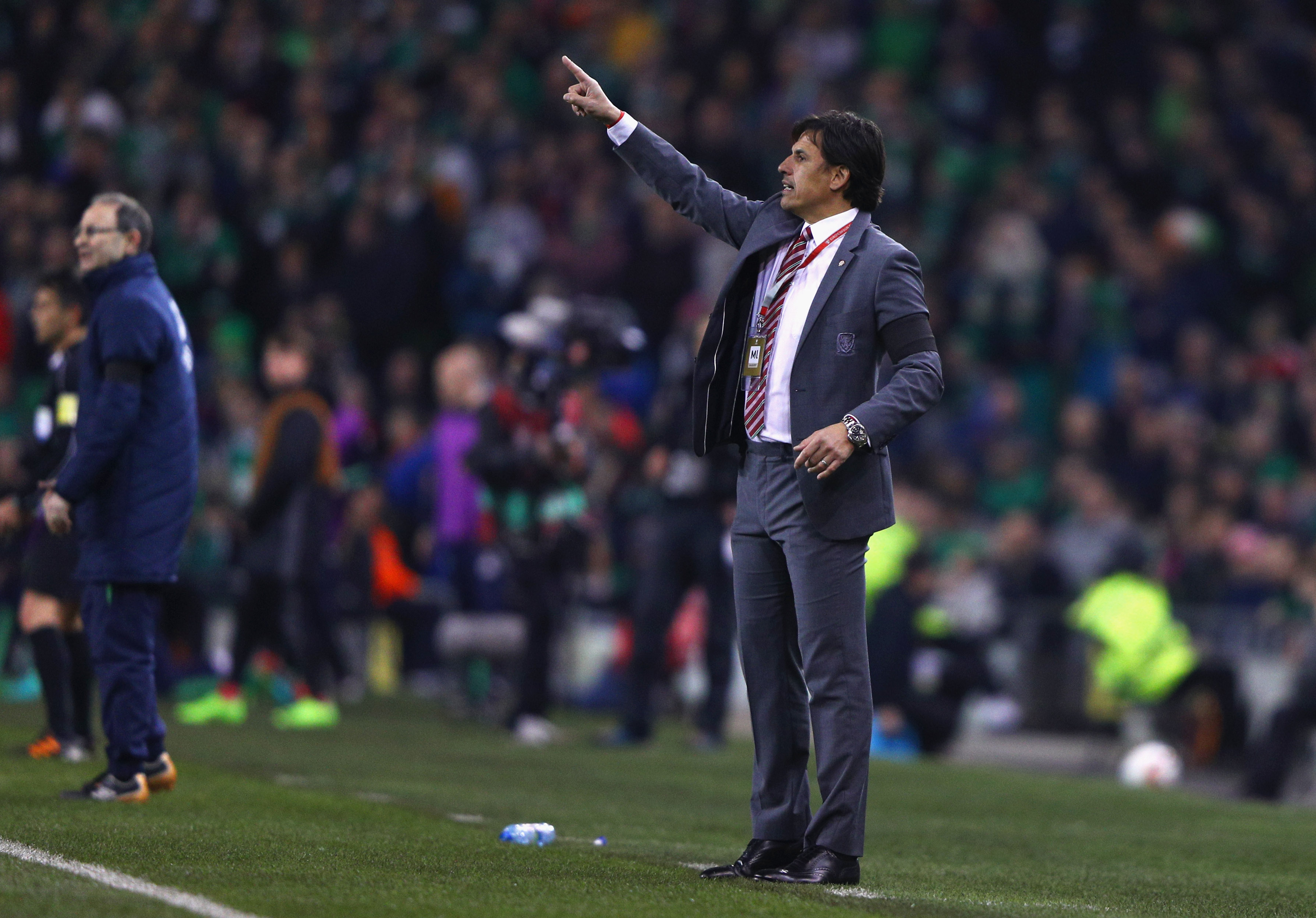 DUBLIN, IRELAND - MARCH 24:  Chris Coleman manager of Wales gives instructions during the FIFA 2018 World Cup Qualifier between Republic of Ireland and Wales at Aviva Stadium on March 24, 2017 in Dublin, Ireland.  (Photo by Ian Walton/Getty Images)