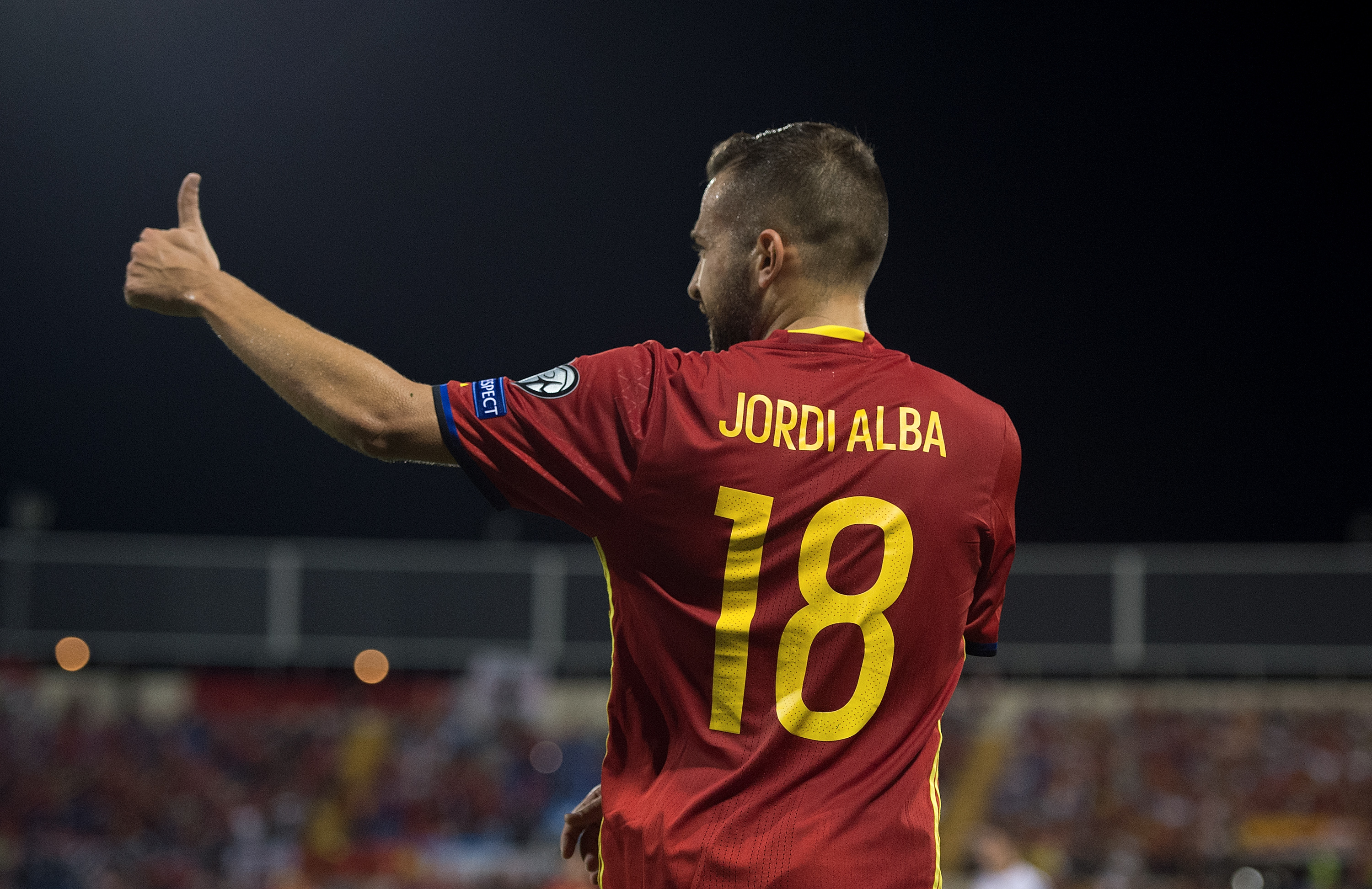 ALICANTE, SPAIN - OCTOBER 06: Jordi Alba of Spain reacts during the FIFA 2018 World Cup Qualifier between Spain and Albania at Estadio Jose Rico Perez on October 6, 2017 in Alicante, Spain. (Photo by Denis Doyle/Getty Images)